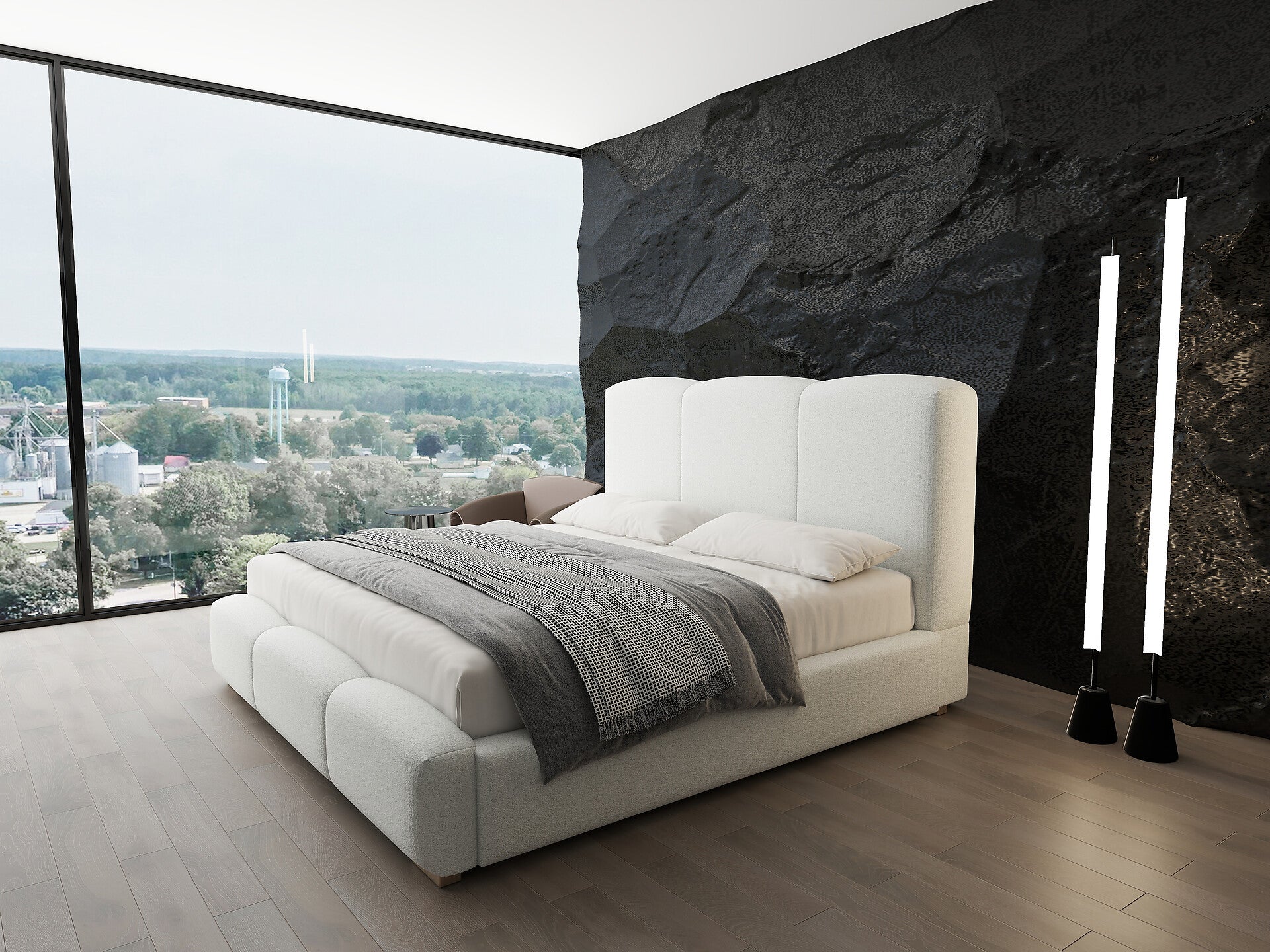 Pat dormitor dumonde, tapitat alb, Havana 180x200 cm, somiera rabatabila inclusa, spatiu depozitare