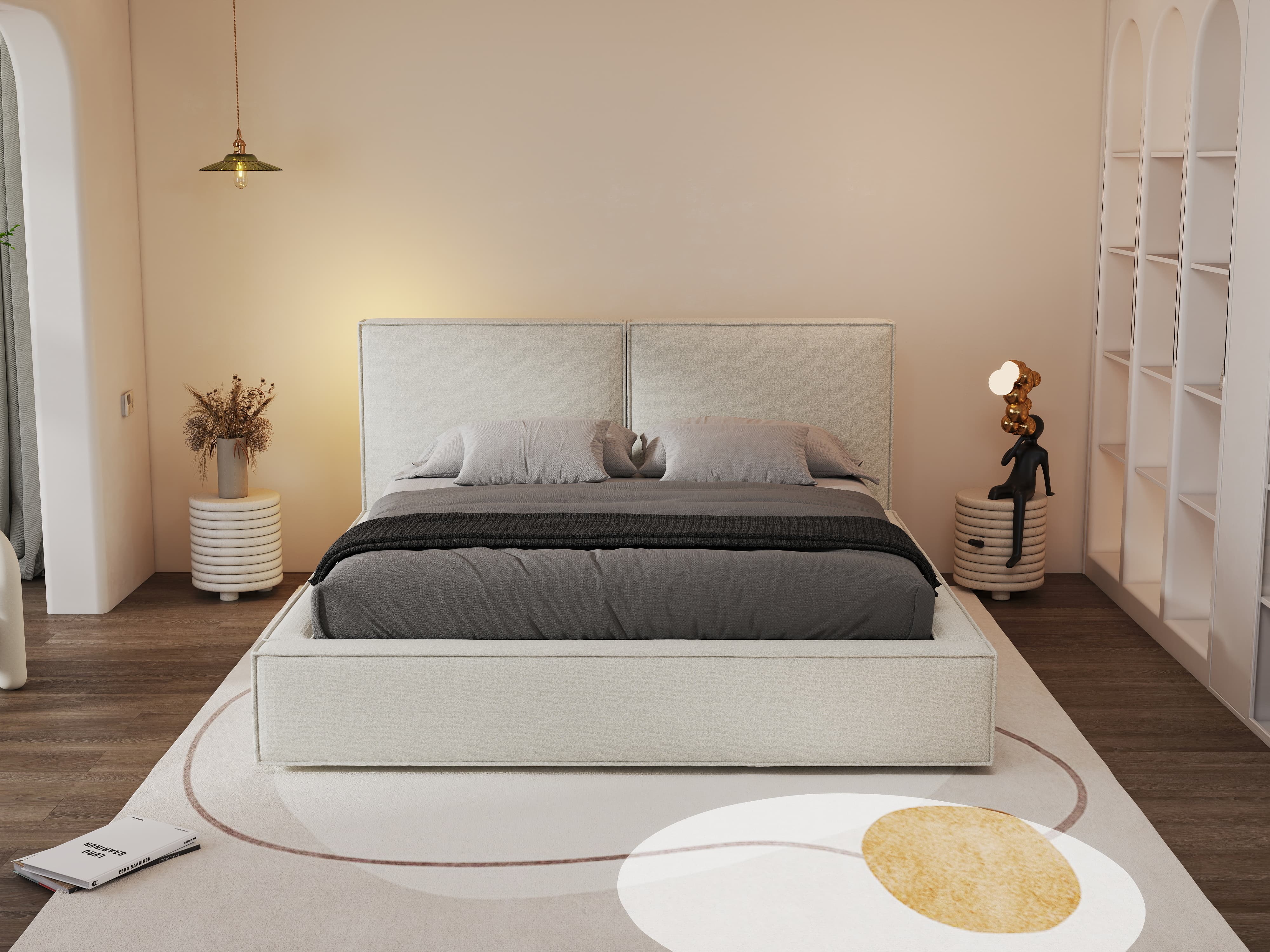 Pat dormitor dumonde, tapitat alb, Dreamer 160x200 cm, somiera rabatabila inclusa, spatiu depozitare
