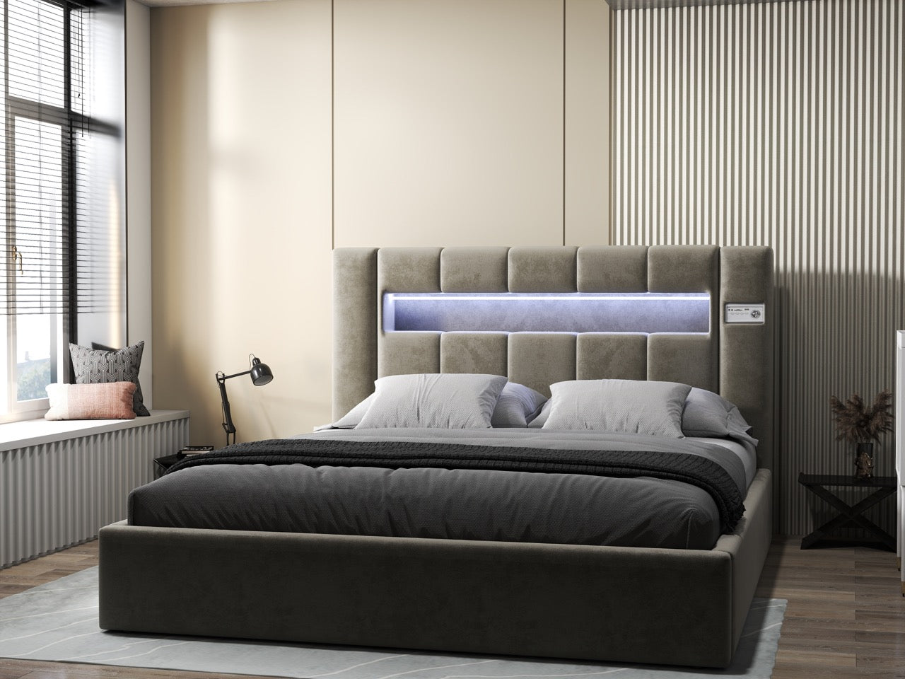 Pat dormitor dumonde, tapitat bej, Glow 180x200 cm, somiera rabatabila inclusa, spatiu depozitare