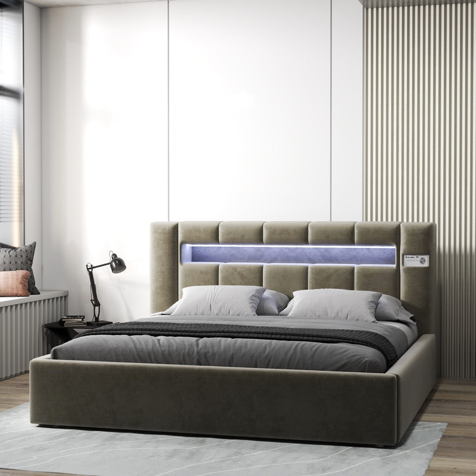 Pat dormitor dumonde, tapitat bej, Glow 160x200 cm, somiera rabatabila inclusa, spatiu depozitare