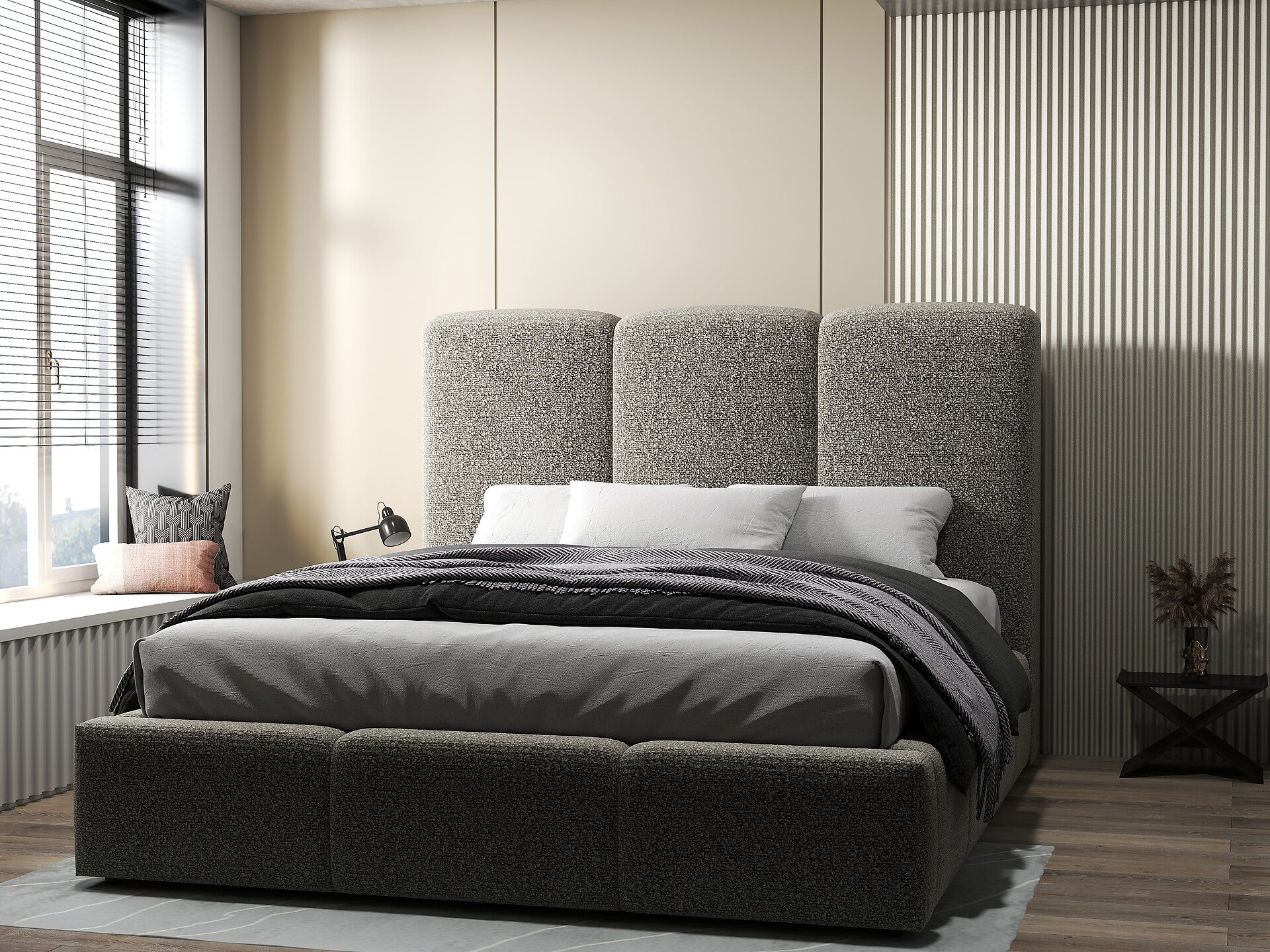 Pat dormitor dumonde, tapitat gri, Dinasty 160x200 cm, somiera rabatabila inclusa, spatiu depozitare