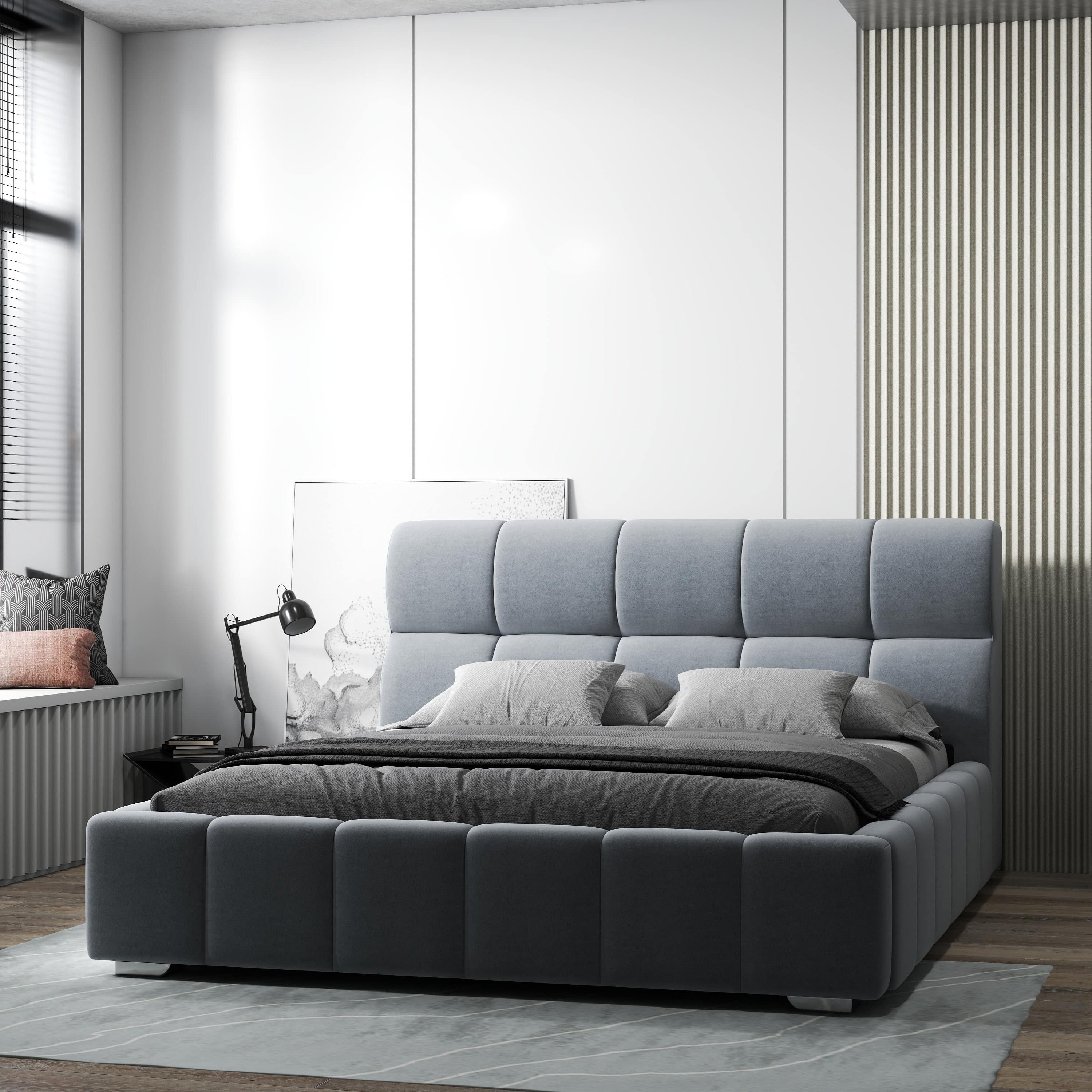 Pat dormitor dumonde, tapitat gri, Prestige 160x200 cm, somiera rabatabila inclusa, spatiu depozitare