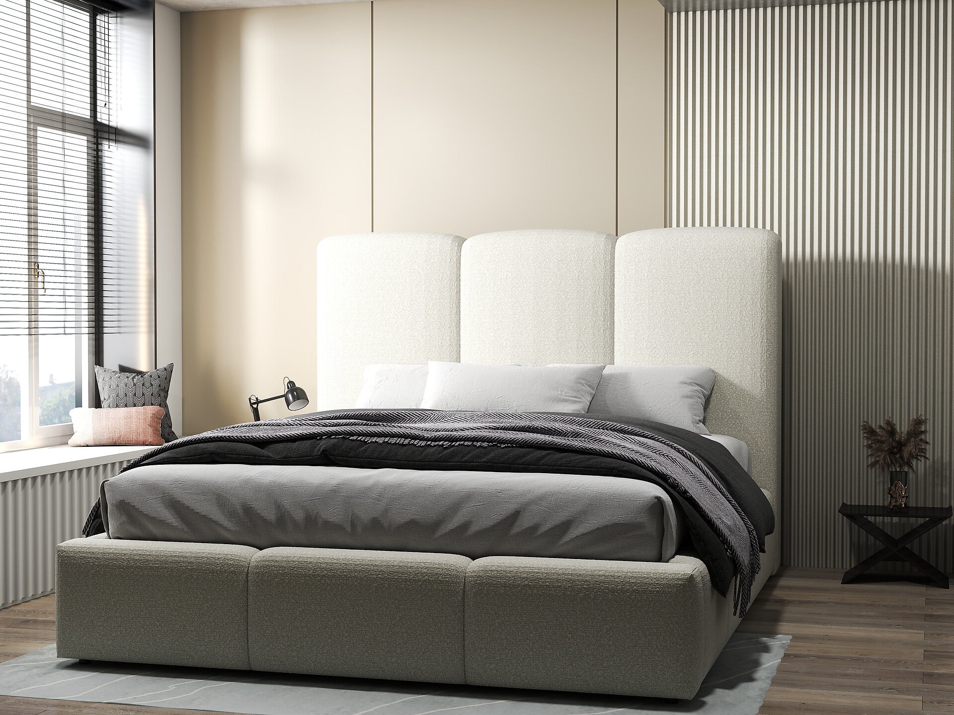 Pat dormitor dumonde, tapitat bej, Dinasty 160x200 cm, somiera rabatabila inclusa, spatiu depozitare