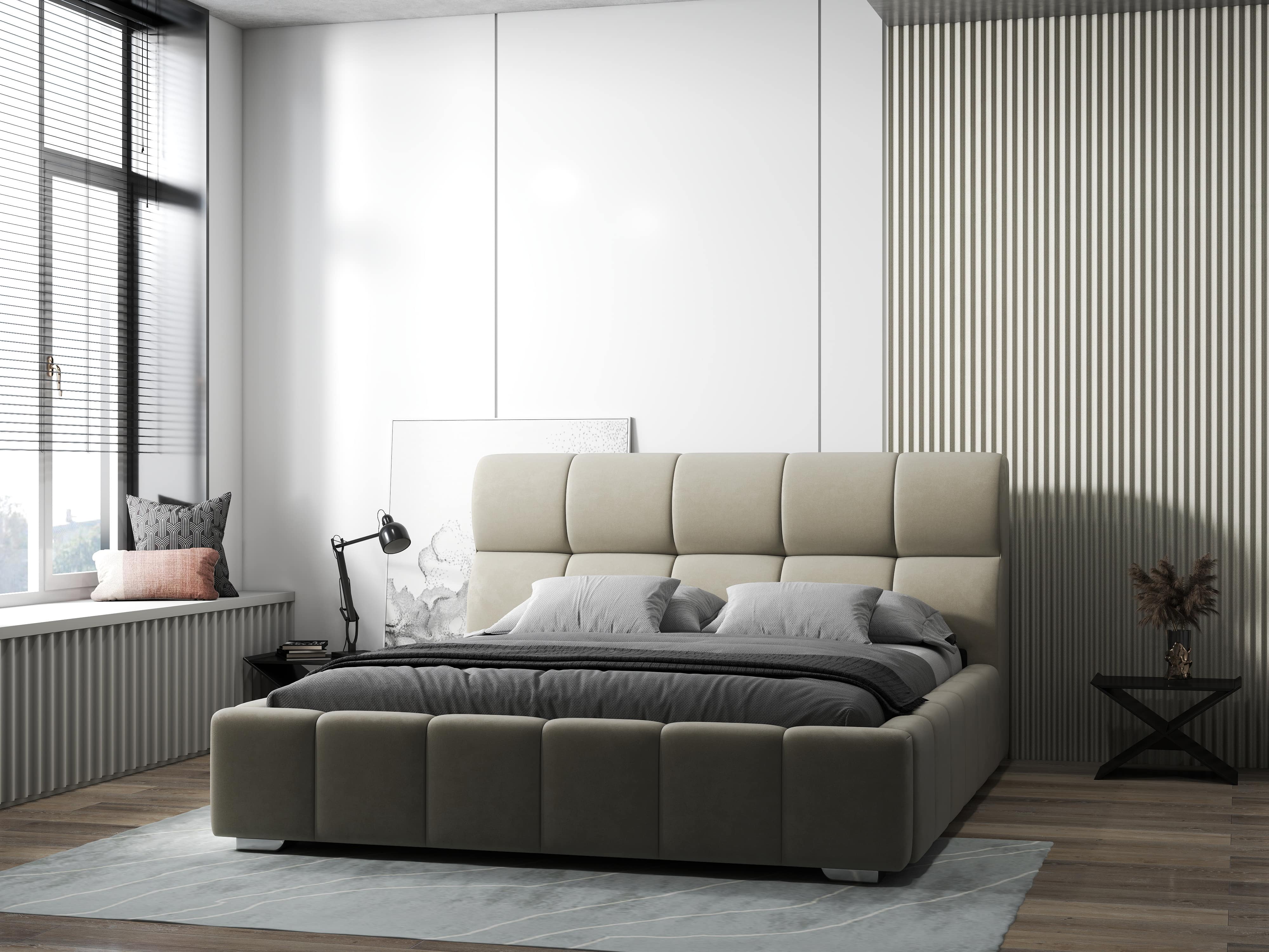 Pat dormitor dumonde, tapitat bej, Prestige 160x200 cm, somiera rabatabila inclusa, spatiu depozitare