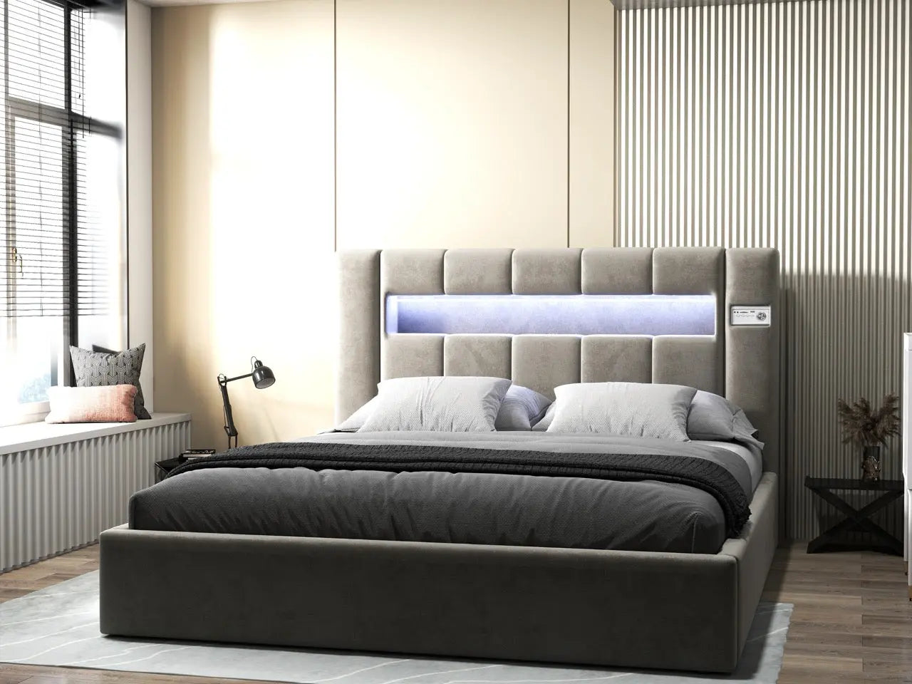 Pat dormitor dumonde, tapitat bej, Glow 160x200 cm, somiera rabatabila inclusa, spatiu depozitare WLS