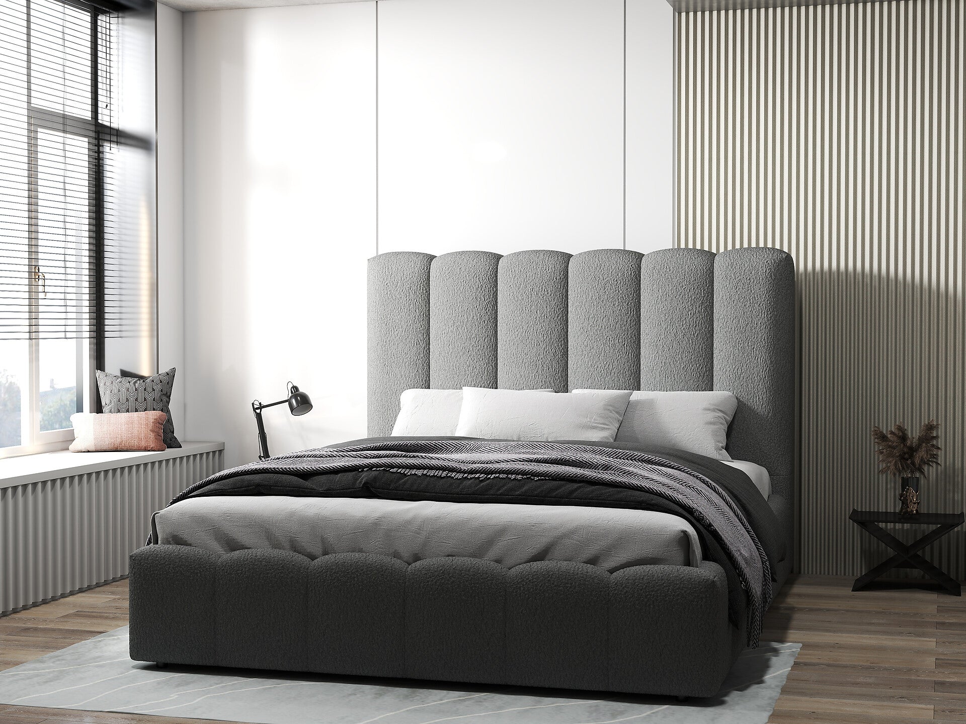 Pat dormitor dumonde, tapitat gri, Milano 140x200 cm, somiera rabatabila inclusa, spatiu depozitare