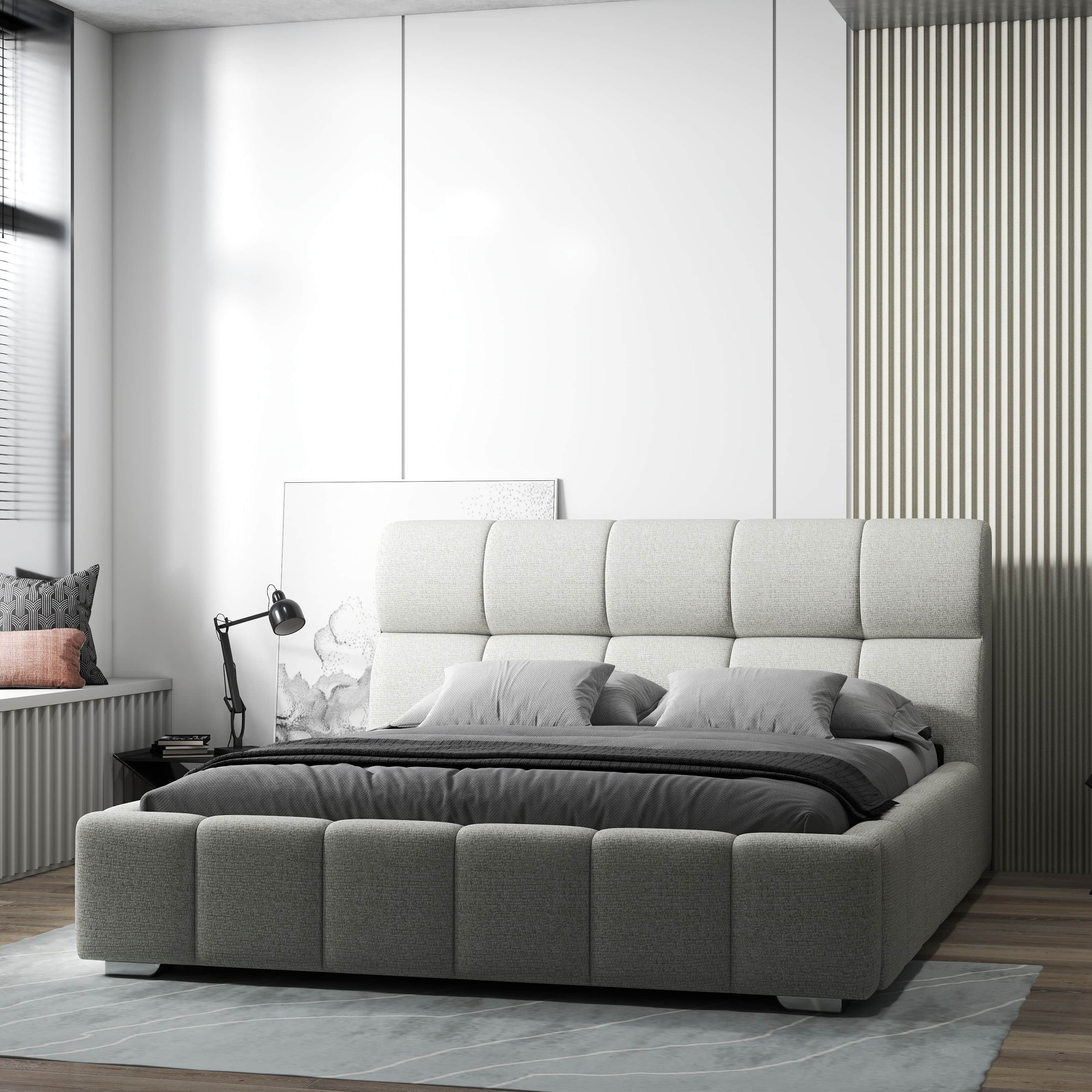 Pat dormitor dumonde, tapitat bej, Prestige 180x200 cm, somiera rabatabila inclusa, spatiu depozitare