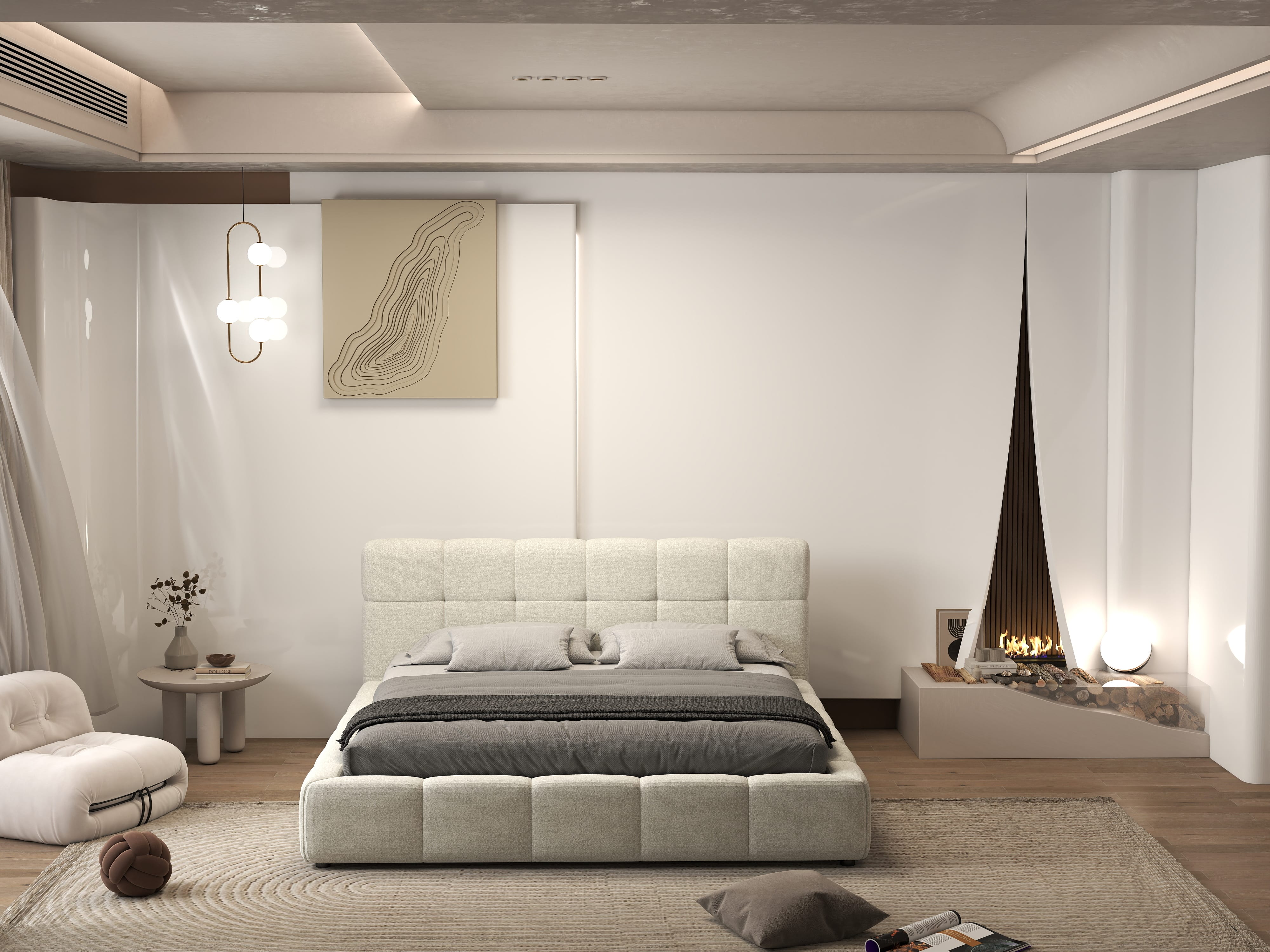 Pat dormitor dumonde, tapitat bej, Lorenzo 160x200 cm, somiera rabatabila inclusa, spatiu depozitare