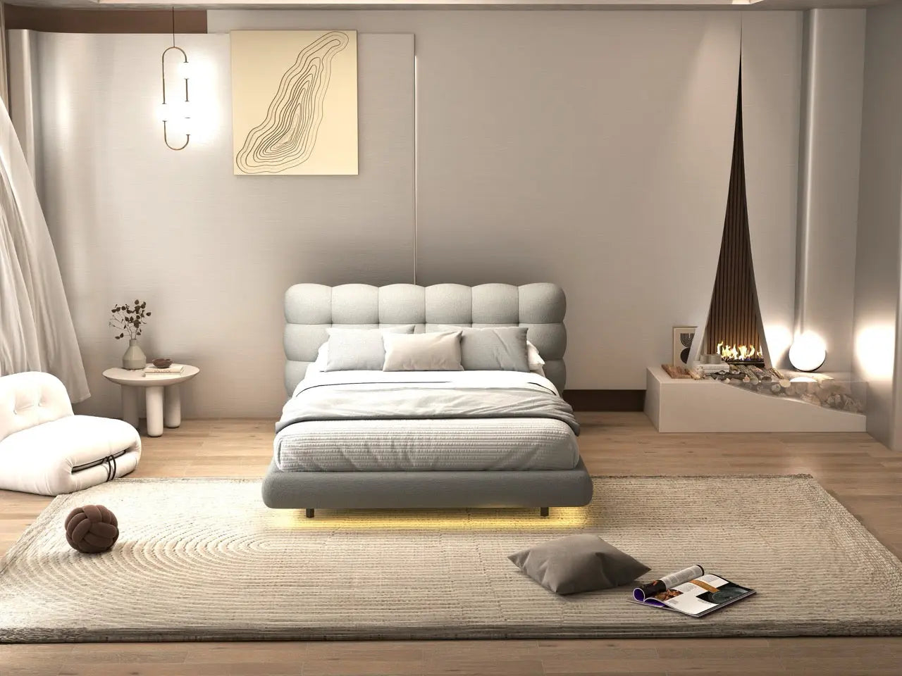 Pat dormitor dumonde, tapitat gri cu LED, "floating bed" Cloud 180x200 cm, somiera inclusa WLS