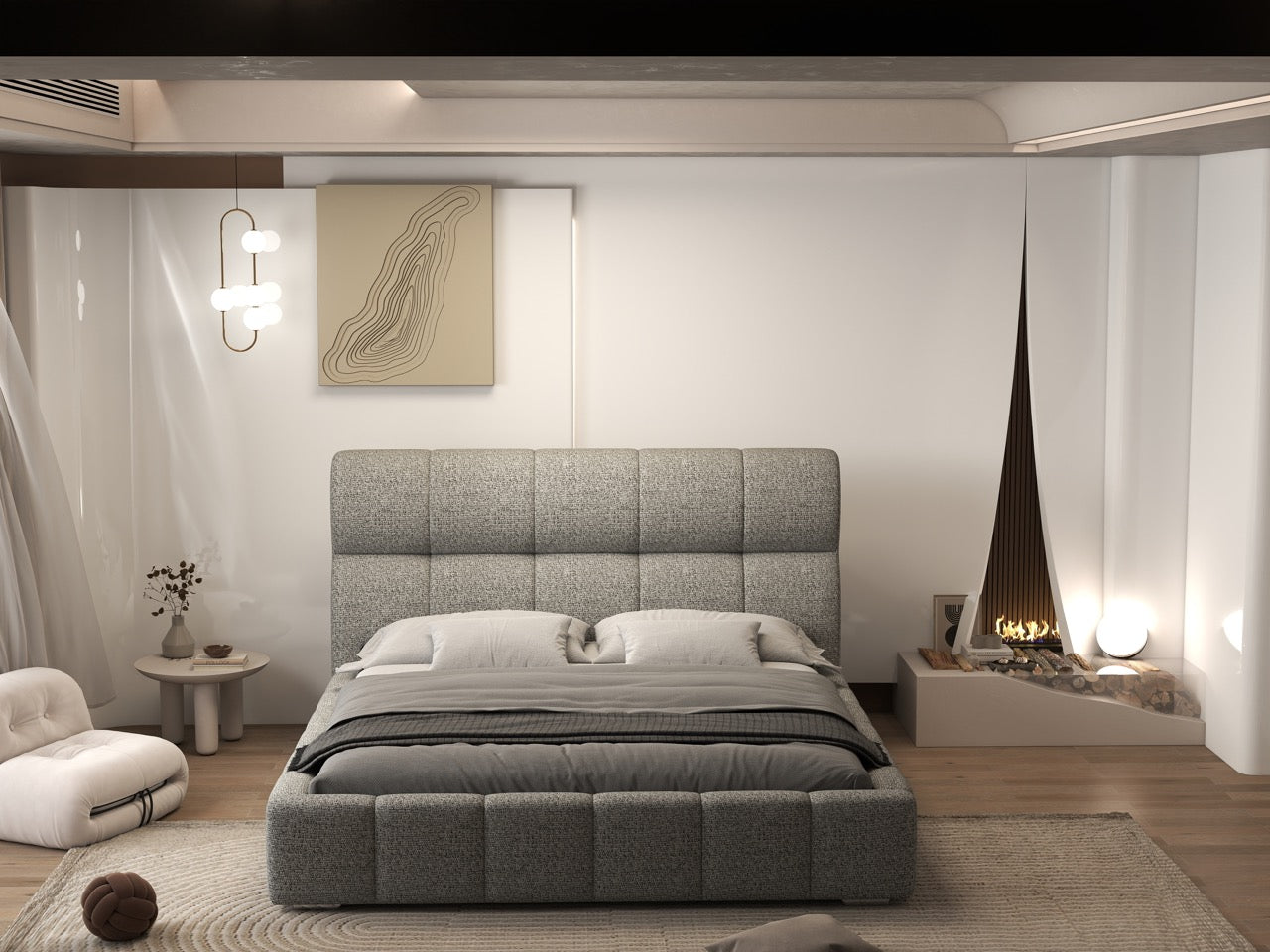 Pat dormitor dumonde, tapitat bej, Prestige 180x200 cm, somiera rabatabila inclusa, spatiu depozitare