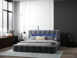 Pat dormitor dumonde, tapitat gri cu LED si USB, Palermo 180x200 cm, somiera rabatabila inclusa, spatiu depozitare