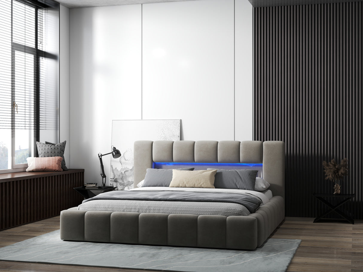 Pat dormitor dumonde, tapitat bej cu LED si USB, Palermo 180x200 cm, somiera rabatabila inclusa, spatiu depozitare