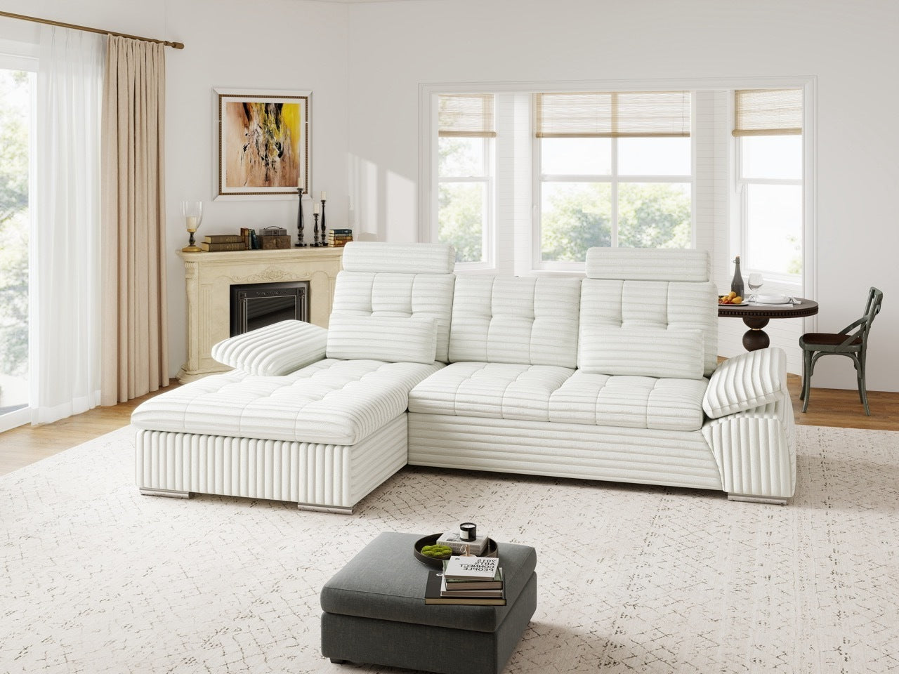 Colțar extensibil dumonde cu ladă de depozitare și șezut confortabil din spumă HR, Merkur Ambience Alb 270x168 cm