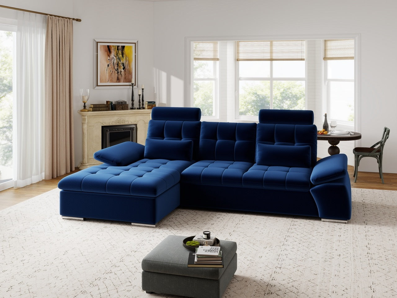 Colțar extensibil dumonde cu ladă de depozitare și șezut confortabil din spumă HR, Merkur Royal Albastru Navy 270x168 cm