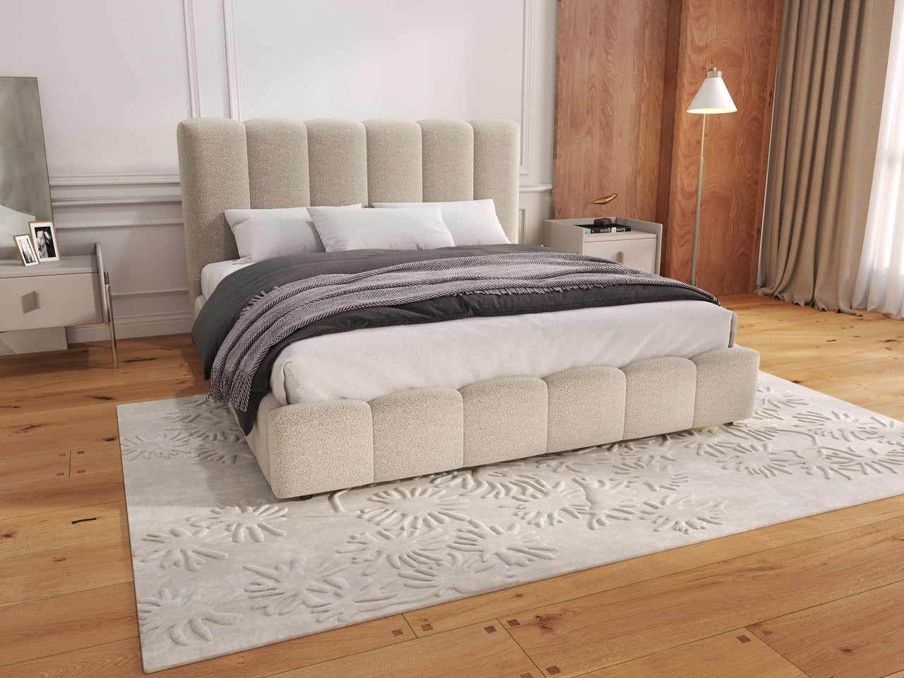 Pat dormitor dumonde, tapitat bej, Milano 160x200 cm, somiera rabatabila inclusa, spatiu depozitare