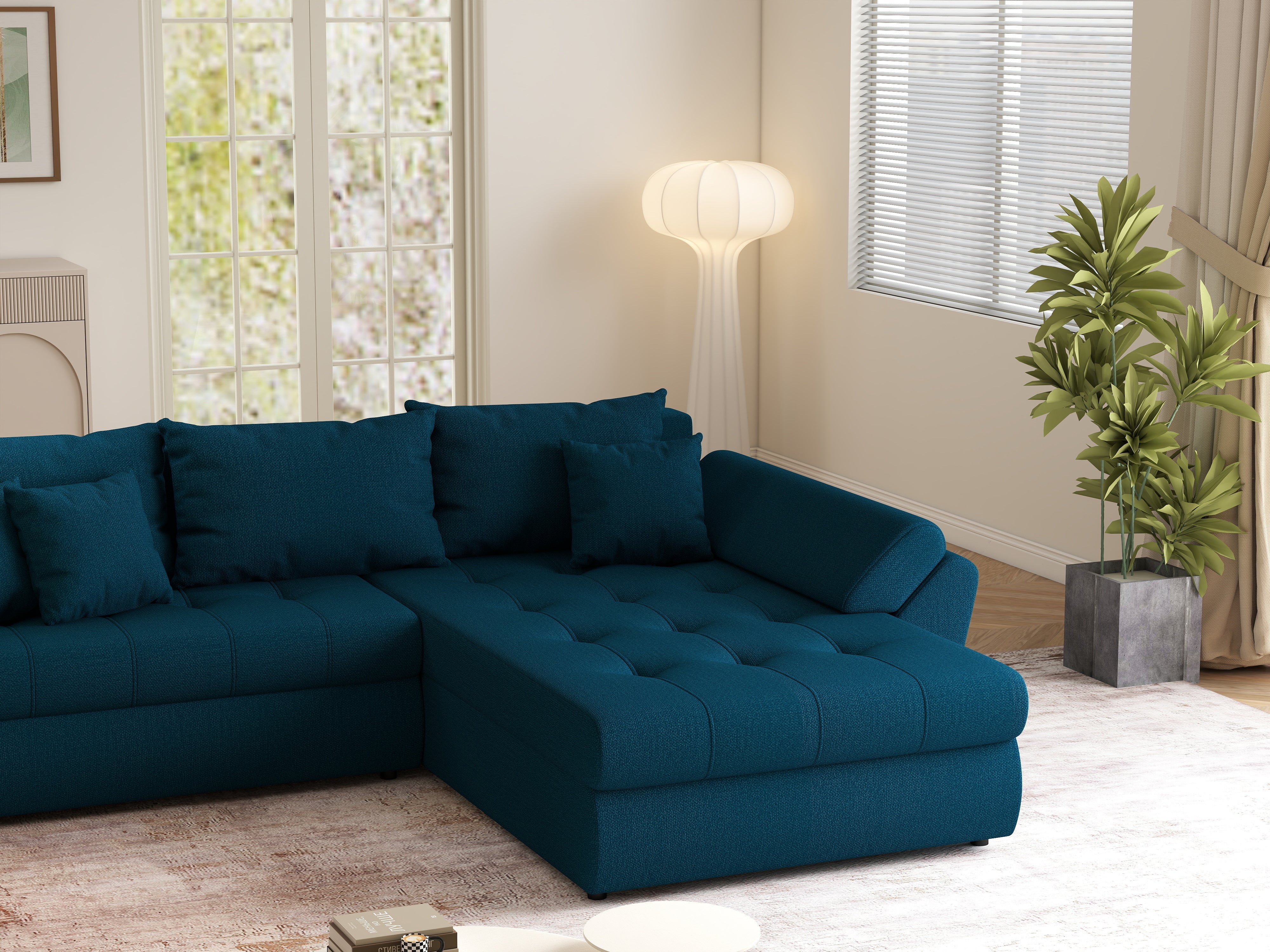 Colțar extensibil dumonde cu ladă de depozitare si sezut confortabil din spuma HR, Loana Petrol Green II 270x185 cm Fabrica