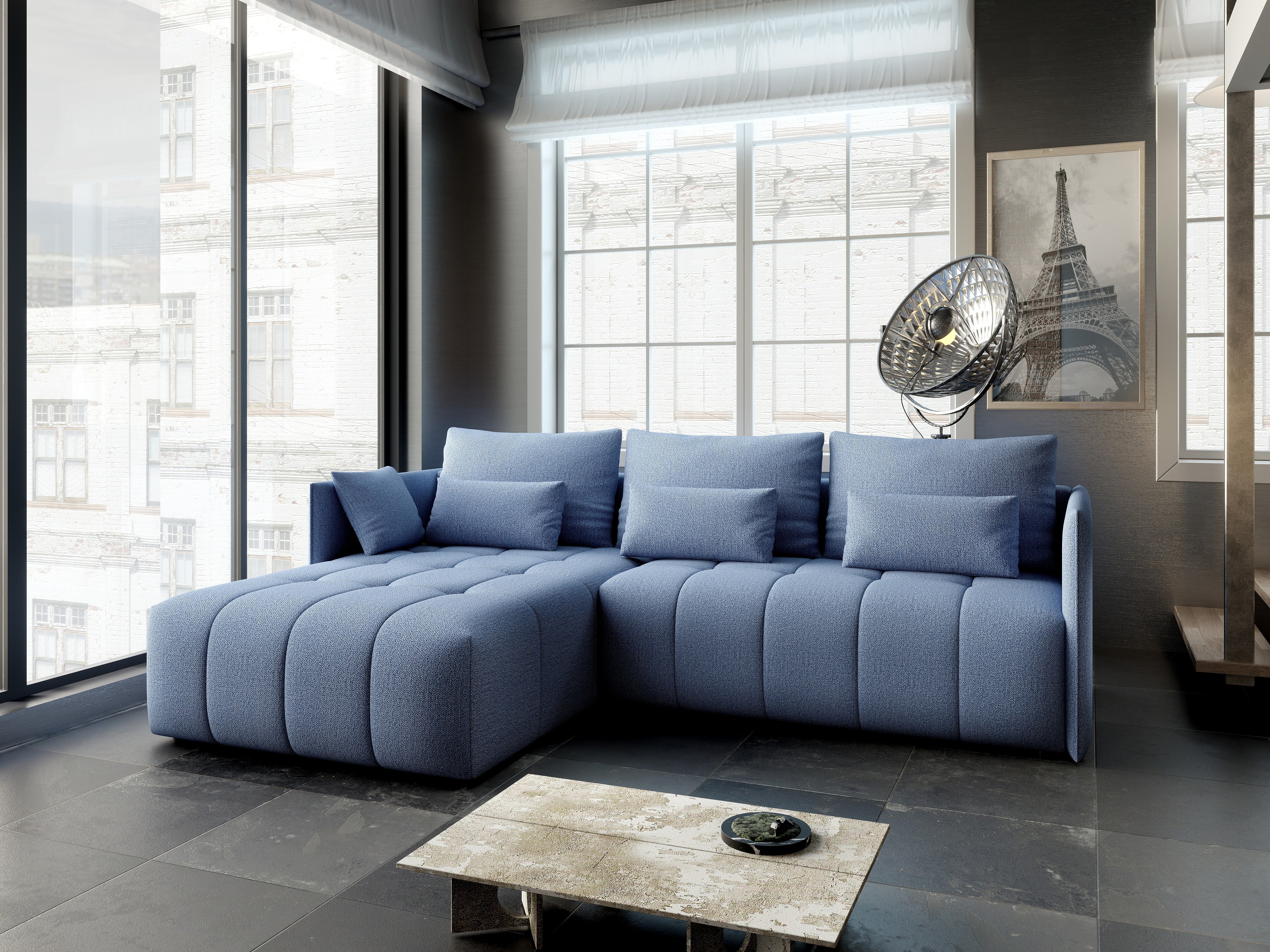 Colțar extensibil dumonde cu ladă de depozitare si sezut confortabil din spuma HR, Malta Blue 235x185 cm Fabrica
