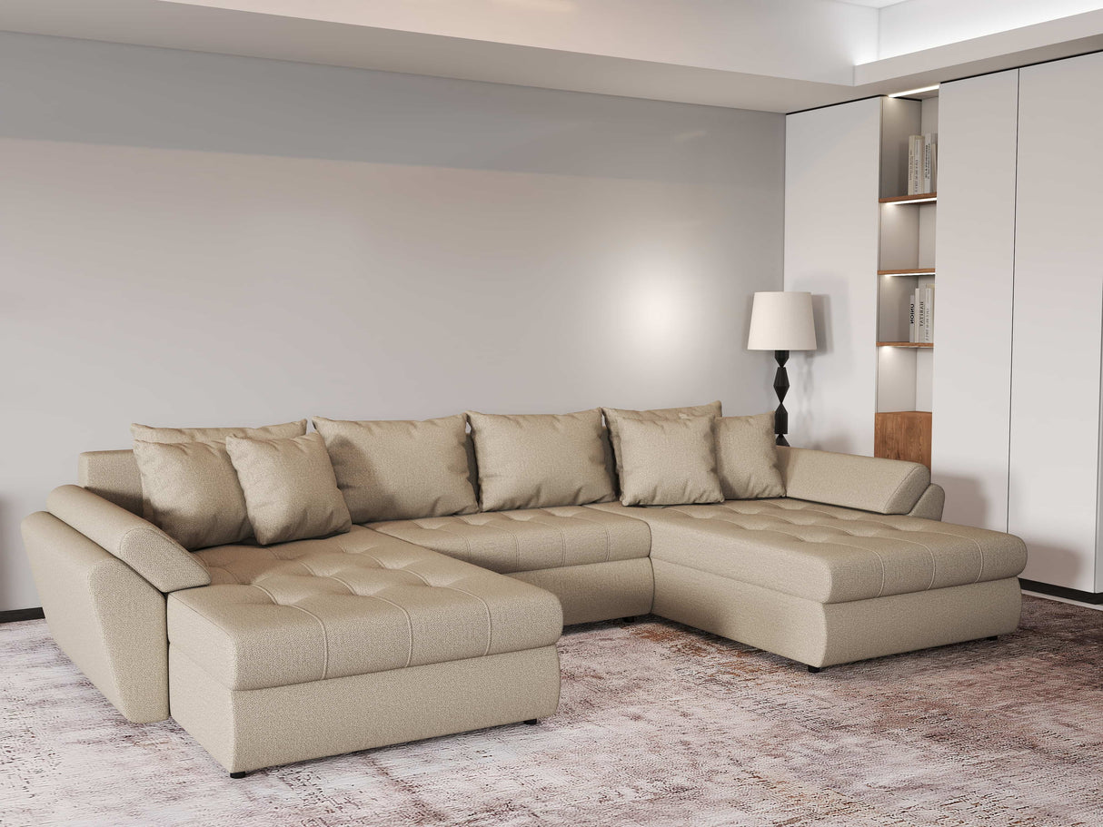 Colțar extensibil dumonde cu ladă de depozitare si sezut confortabil din spuma HR, Loana Bej U 355x185 cm Fabrica