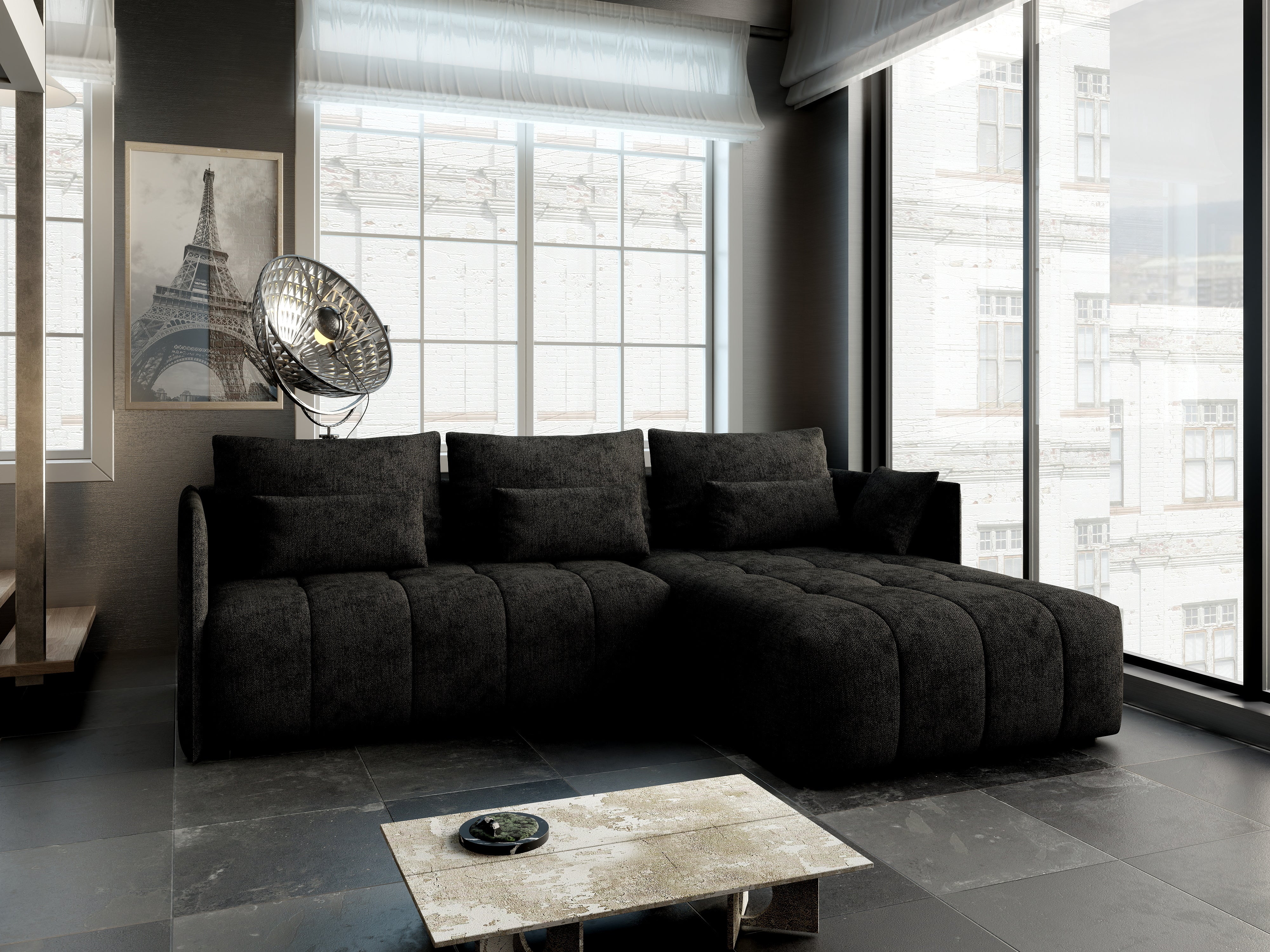 Colțar extensibil dumonde cu ladă de depozitare si sezut confortabil din spuma HR, Malta Black II 235x185 cm Fabrica