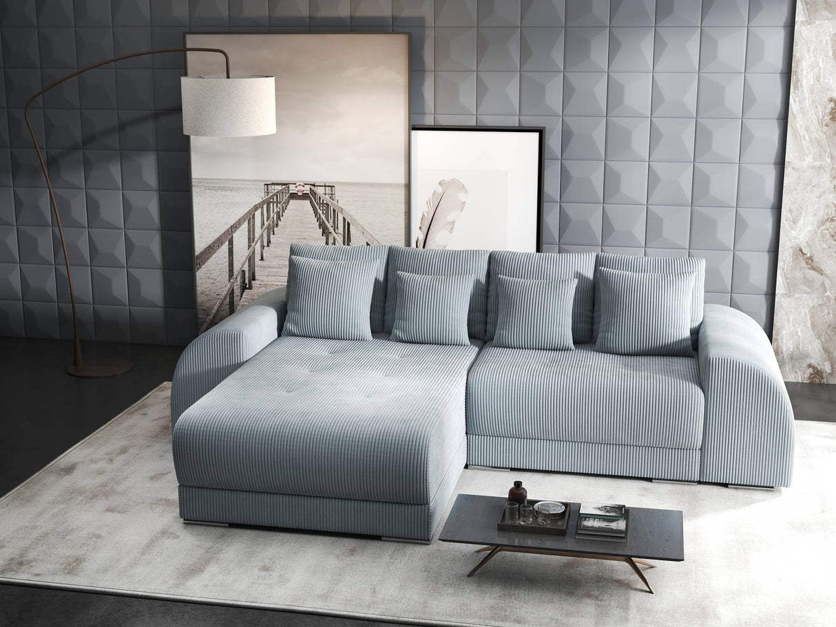 Colțar extensibil dumonde cu ladă de depozitare si sezut confortabil din spuma HR, Verona Zoom Gri Mint 290x185 cm Fabrica