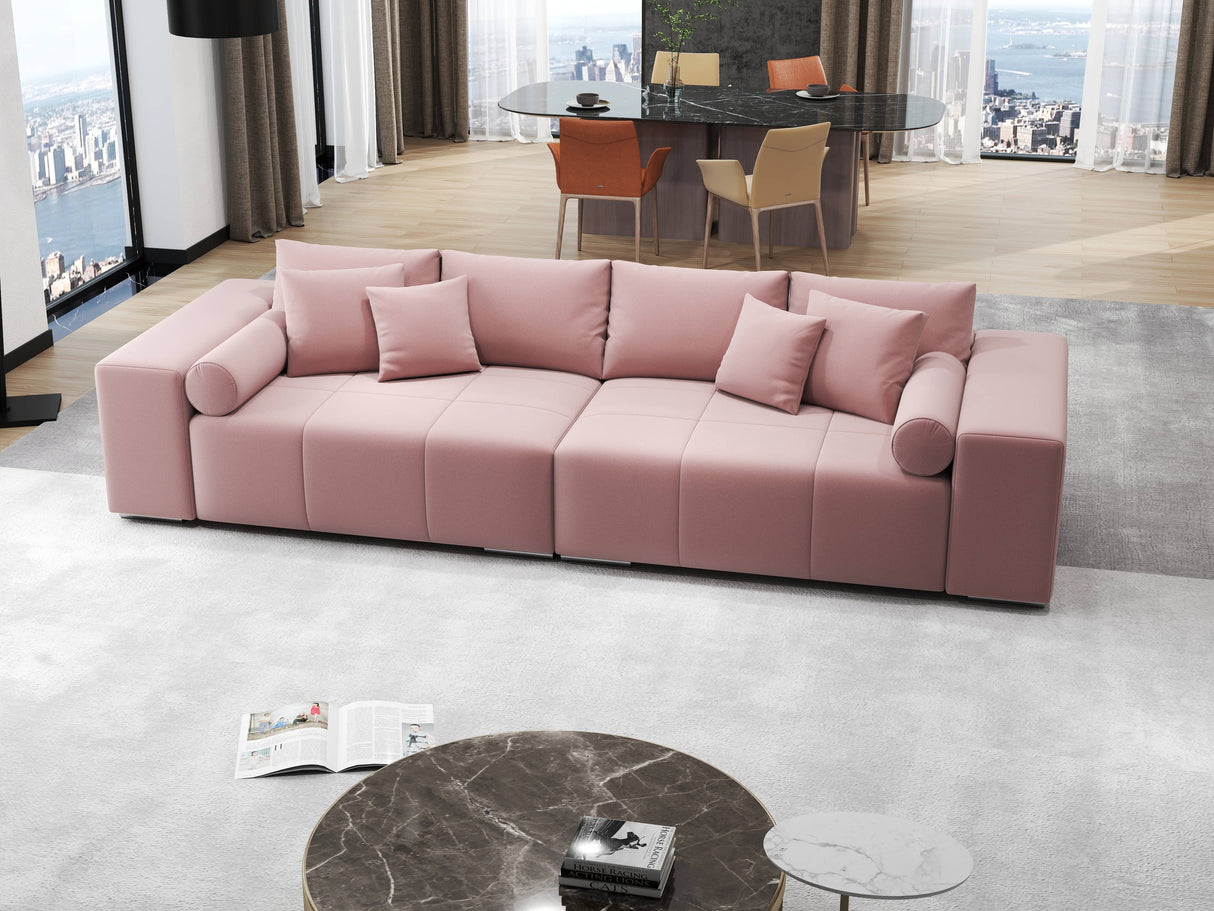 Canapea extensibilă dumonde cu ladă de depozitare si sezut confortabil din spuma HR, Marbela Royal Roz XXL 295x100 cm fabrica