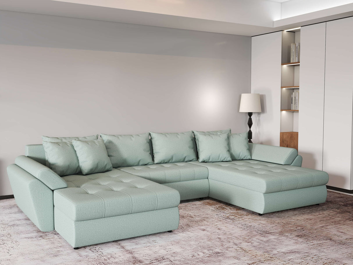 Colțar extensibil dumonde cu ladă de depozitare si sezut confortabil din spuma HR, Loana Enjoy Verde Mint U 355x185 cm Fabrica