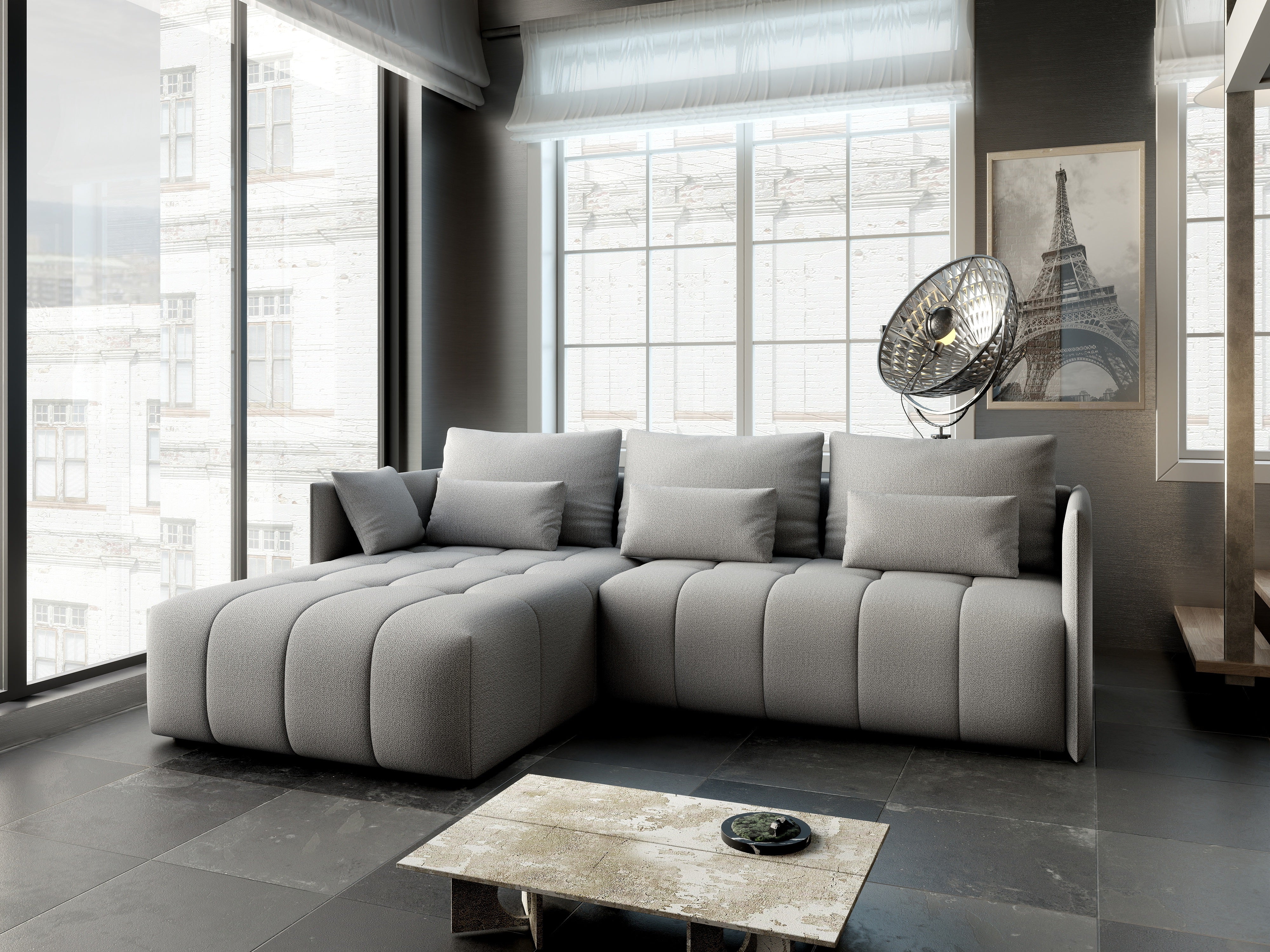 Colțar extensibil dumonde cu ladă de depozitare si sezut confortabil din spuma HR, Malta Grey 235x185 cm Fabrica