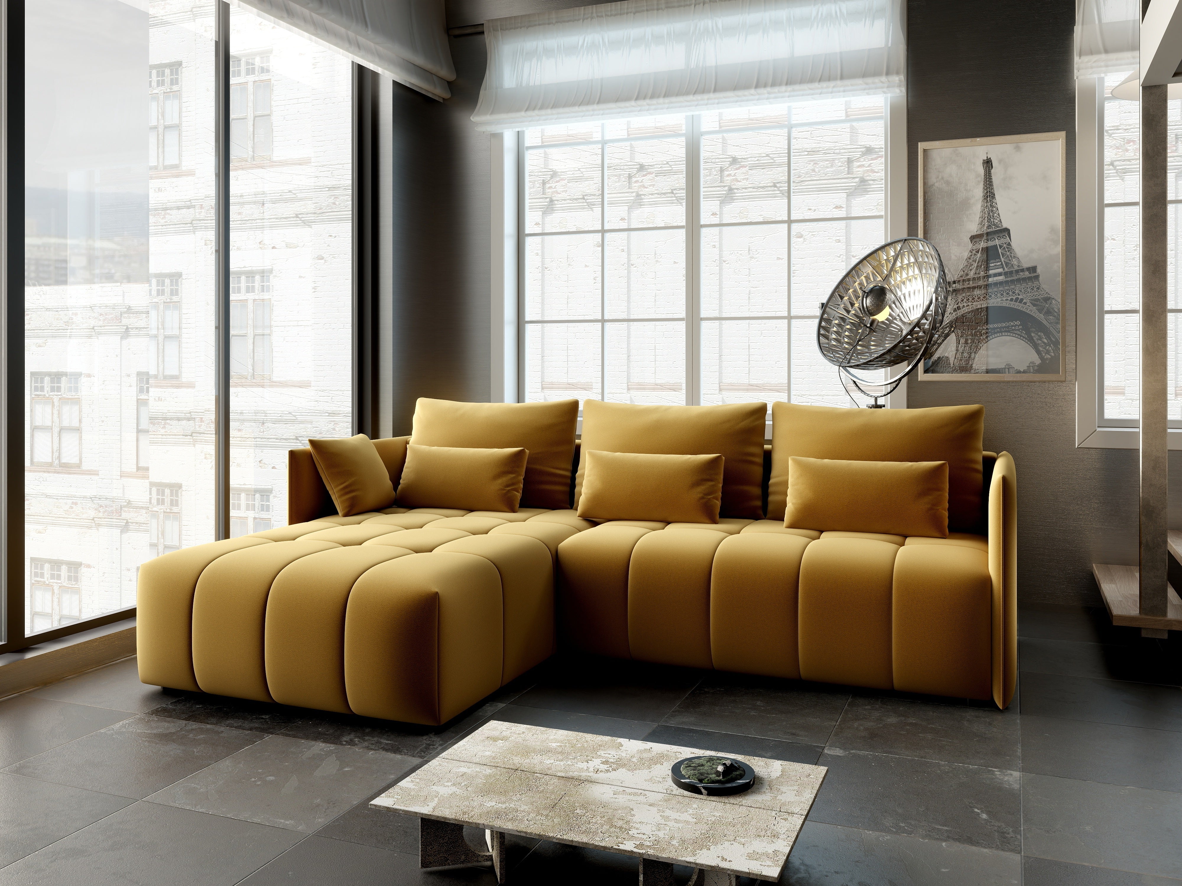 Colțar extensibil dumonde cu ladă de depozitare si sezut confortabil din spuma HR, Malta Muștar 235x185 cm Fabrica