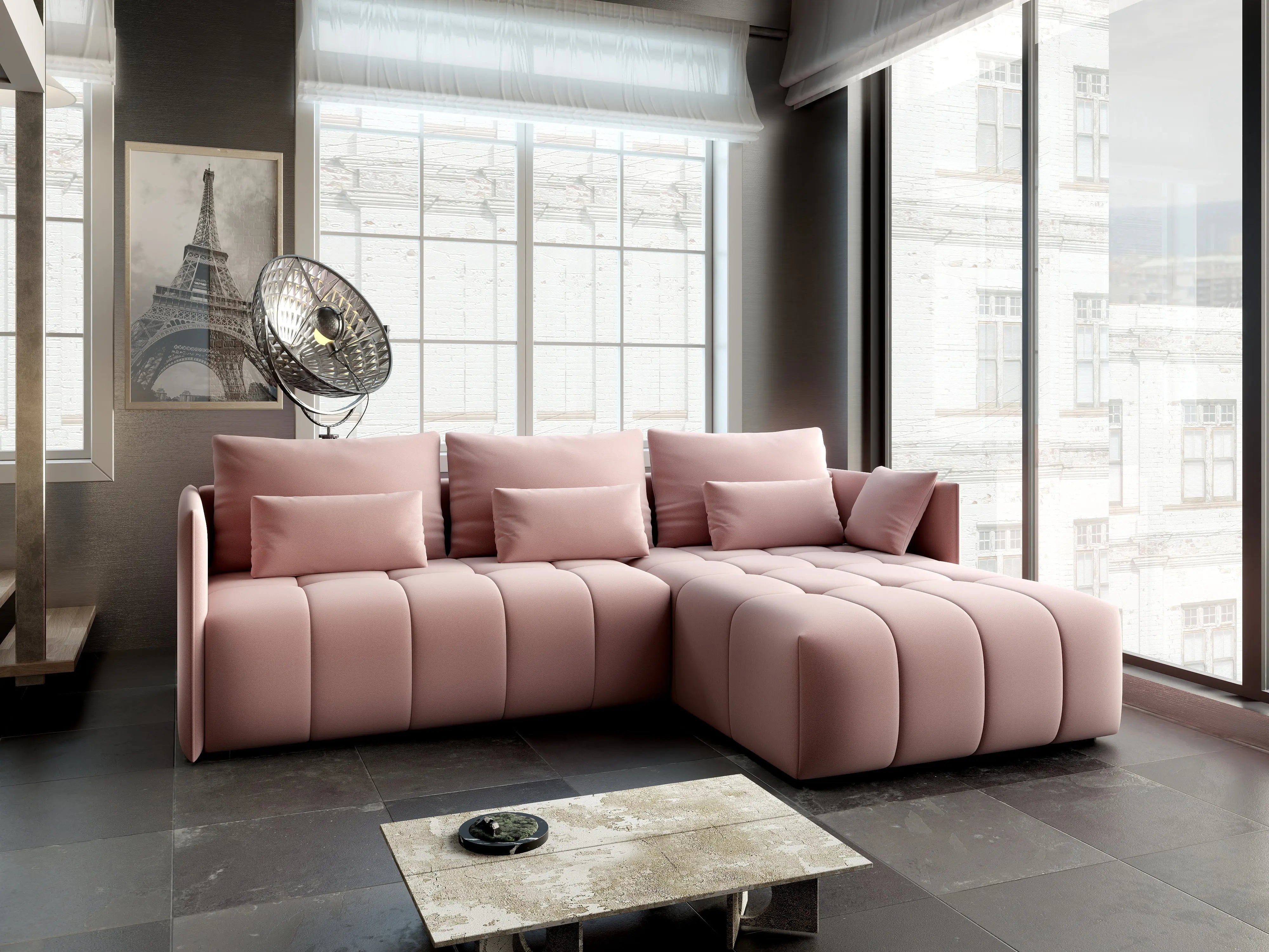 Colțar extensibil dumonde cu ladă de depozitare si sezut confortabil din spuma HR, Malta Roz Pudrat II 235x185 cm Fabrica