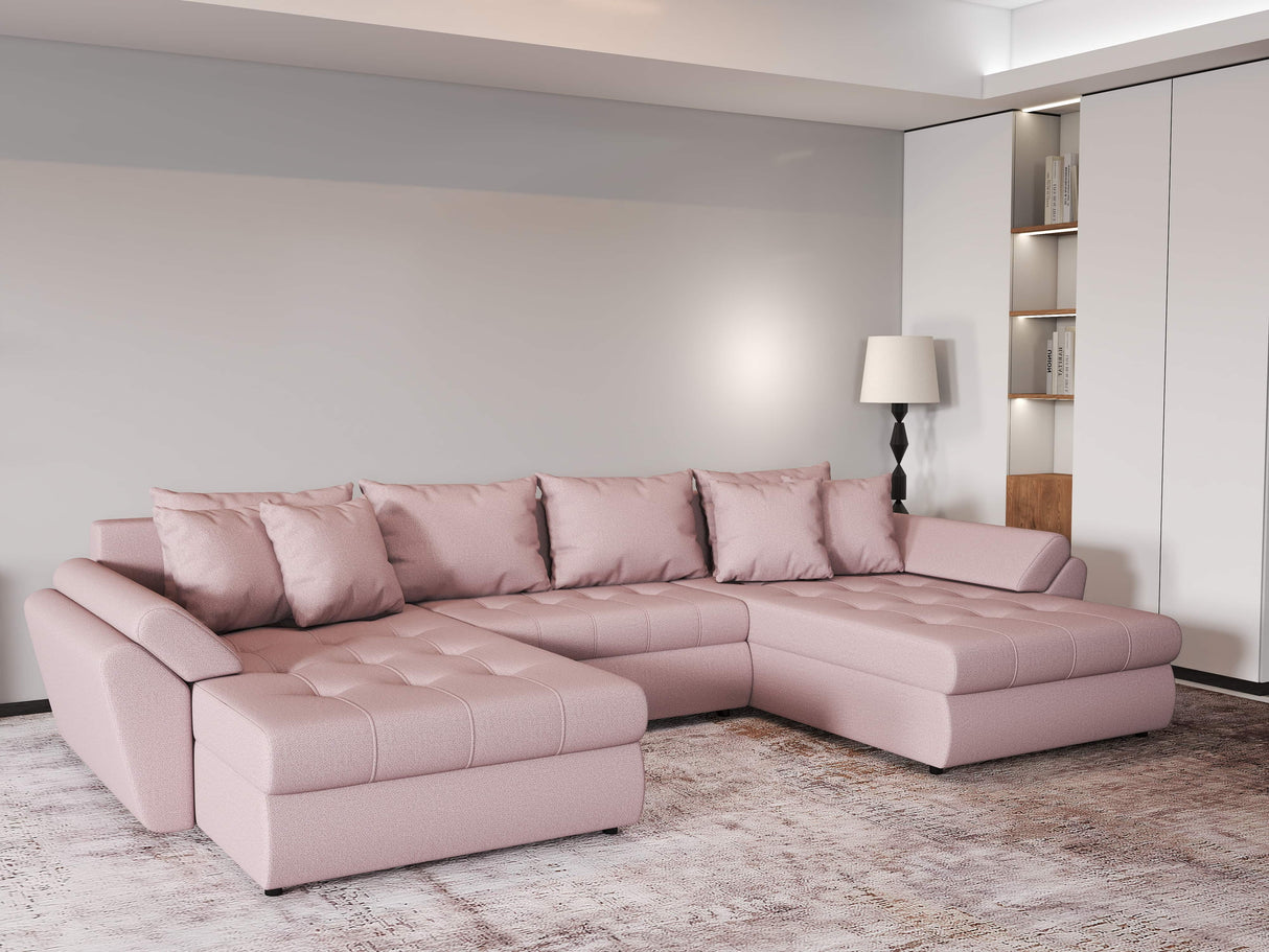 Colțar extensibil dumonde cu ladă de depozitare si sezut confortabil din spuma HR, Loana Enjoy Roz U 355x185 cm Fabrica