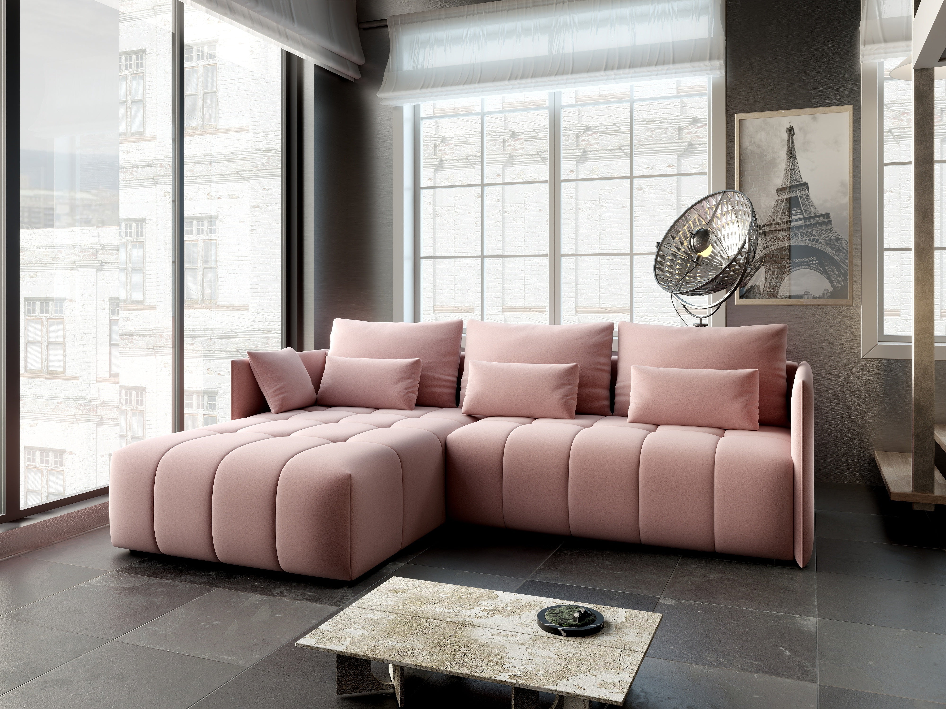 Colțar extensibil dumonde cu ladă de depozitare si sezut confortabil din spuma HR, Malta Roz Pudrat 235x185 cm Fabrica