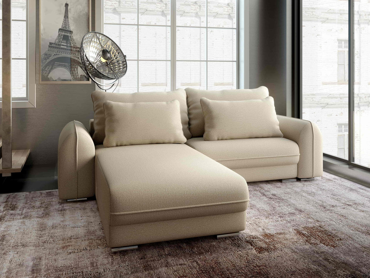 Colțar extensibil dumonde cu ladă de depozitare si sezut confortabil din spuma HR, Denver Enjoy Beige 275x185 cm Fabrica