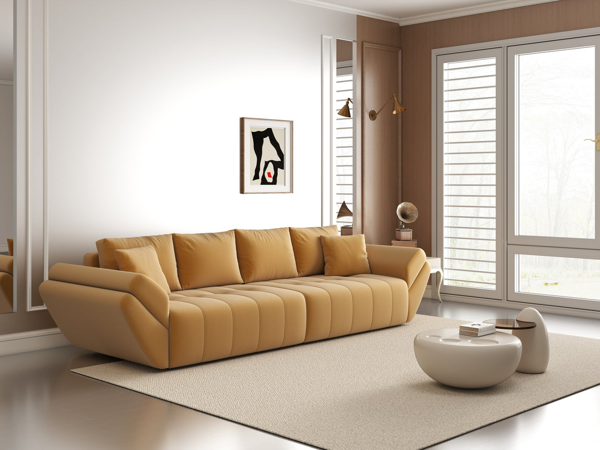 Canapea extensibilă dumonde cu ladă de depozitare si sezut confortabil din spuma HR, Berlin Royal Mustar 300x100 cm Fabrica