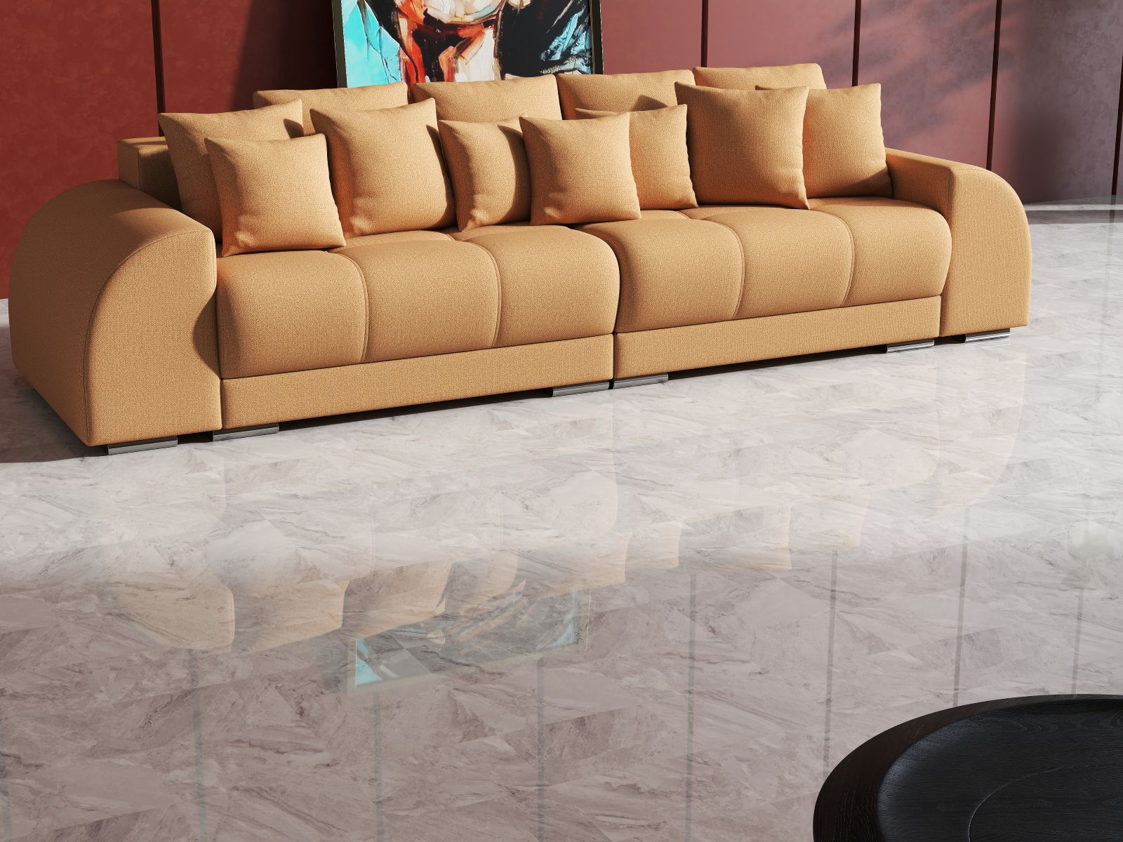 Canapea extensibilă dumonde cu 2 lăzi de depozitare si sezut confortabil din spuma HR, Big Sofa Verona Enjoy Lux Mango 310x100 cm Fabrica