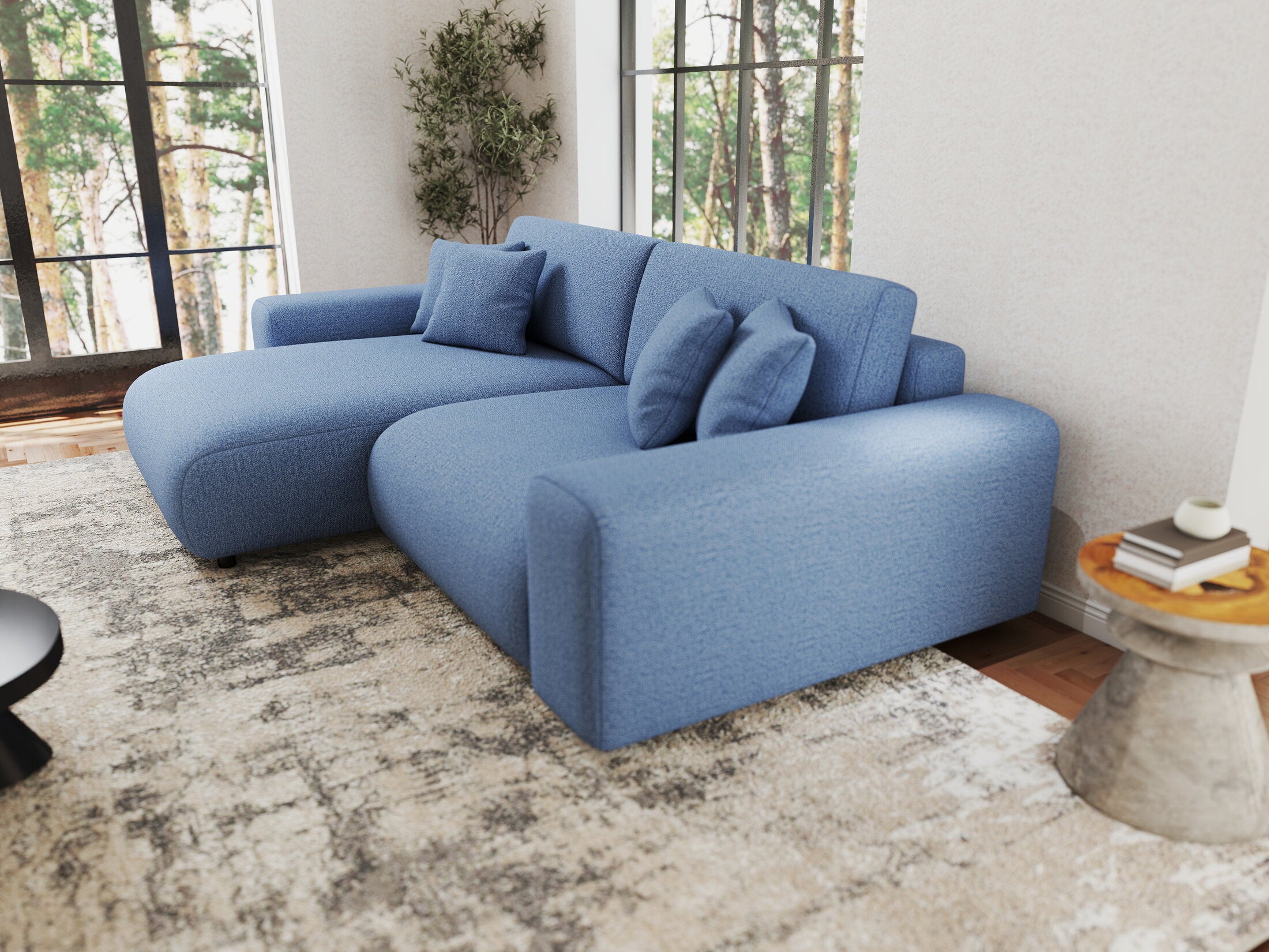 Colțar extensibil dumonde cu ladă de depozitare si sezut confortabil din spuma HR, Sarina Enjoy Albastru 255x168 cm