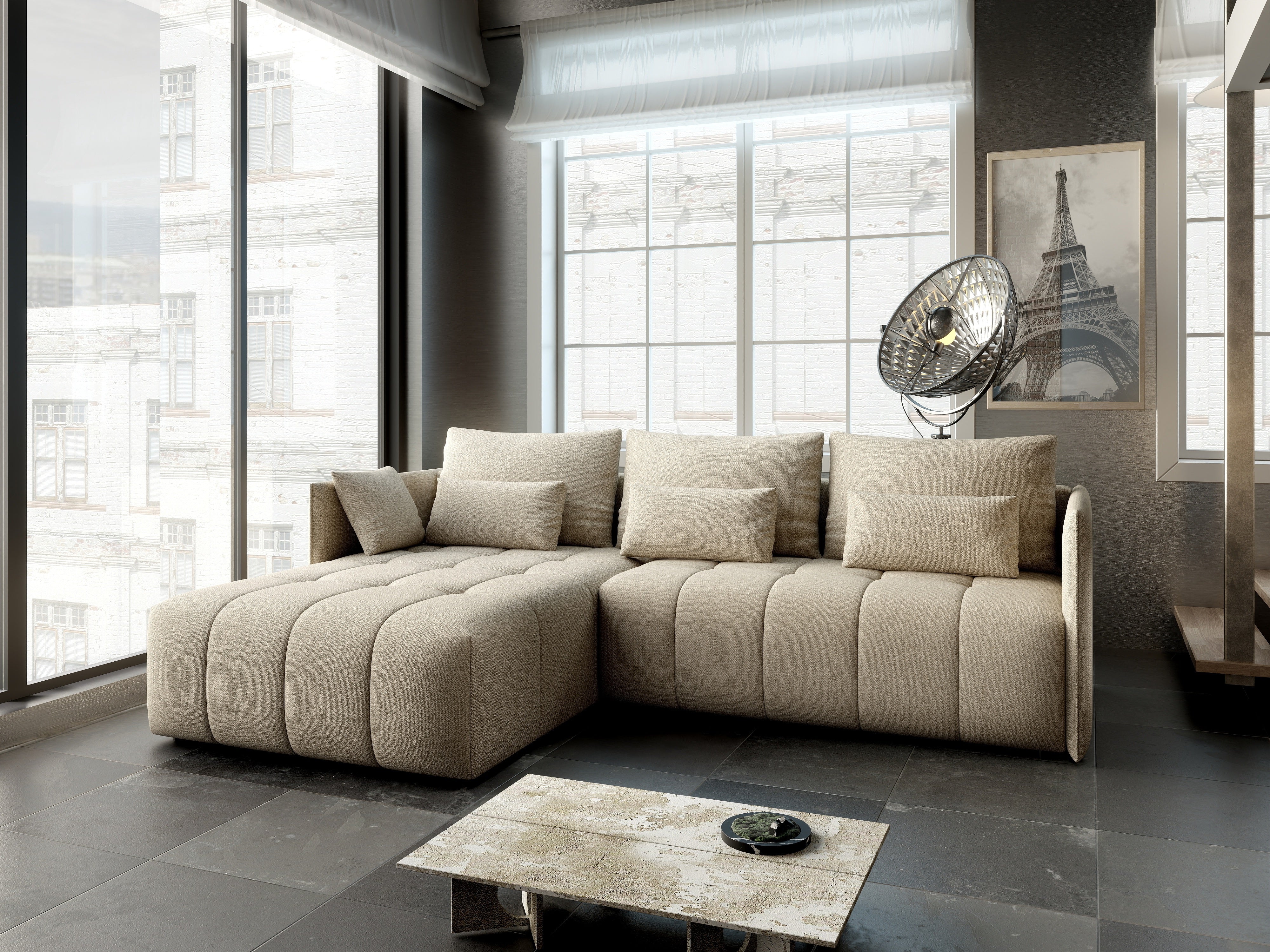 Colțar extensibil dumonde cu ladă de depozitare si sezut confortabil din spuma HR, Malta Bej 235x185 cm Fabrica