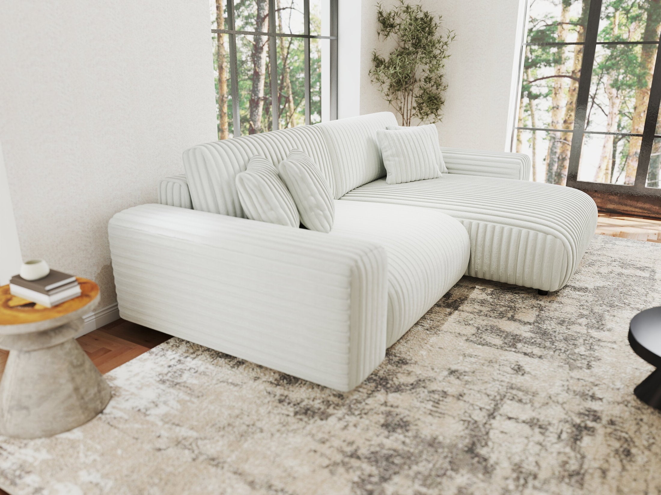 Colțar extensibil dumonde cu ladă de depozitare si sezut confortabil din spuma HR, Sarina Ambience Alb 255x168 cm II