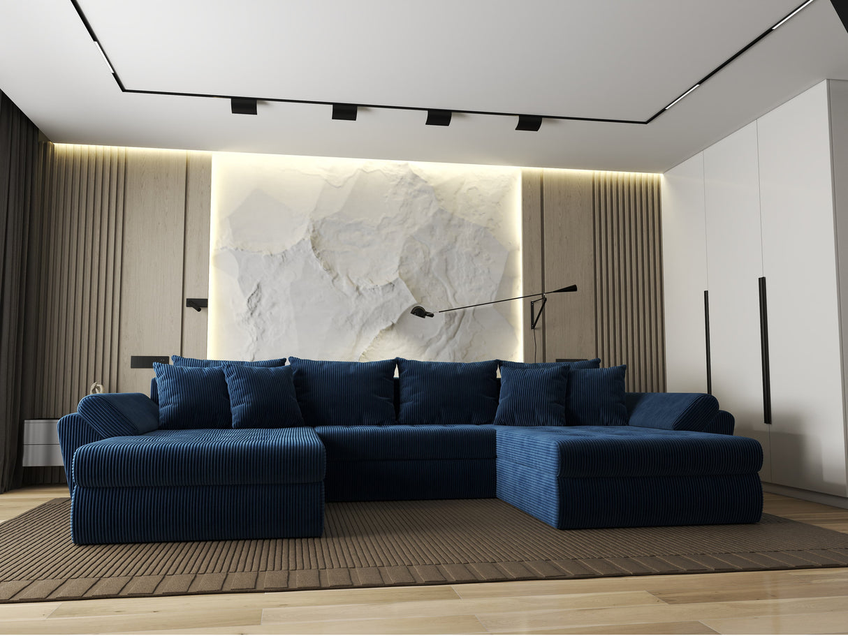 Colțar extensibil dumonde cu ladă de depozitare si sezut confortabil din spuma HR, Loana U Bleumarin Zoom 355x185 cm Fabrica