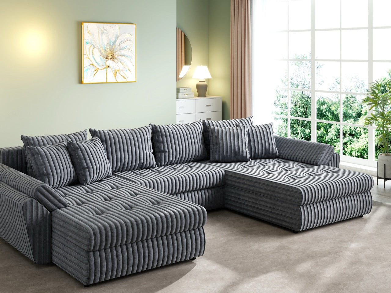 Colțar extensibil dumonde cu ladă de depozitare si sezut confortabil din spuma HR, Loana U Ambience Grey 355x185 cm