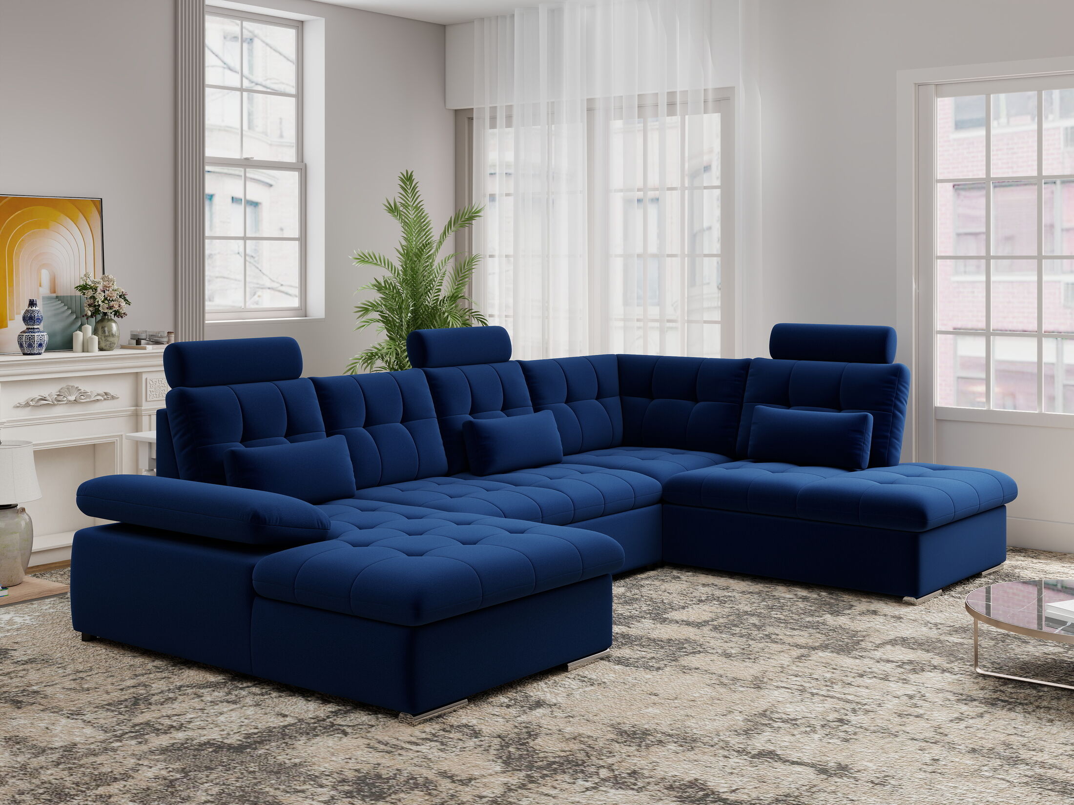 Colțar extensibil dumonde cu ladă de depozitare și șezut confortabil din spumă HR, Merkur U Royal Albastru Navy 324x218 cm