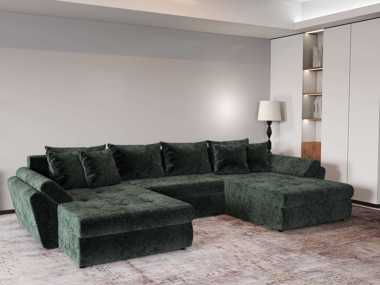 Colțar extensibil dumonde cu ladă de depozitare si sezut confortabil din spuma HR, Loana U Verde Euphoria 355x185 cm Fabrica