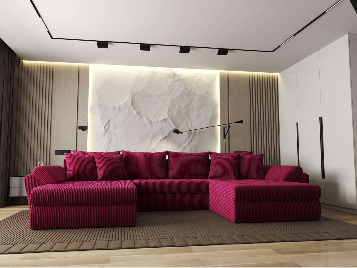 Colțar extensibil dumonde cu ladă de depozitare si sezut confortabil din spuma HR, Loana U Bordeaux Zoom 355x185 cm Fabrica