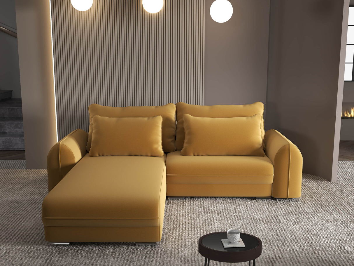 Colțar extensibil dumonde cu ladă de depozitare si sezut confortabil din spuma HR, Denver Royal Mustar 275x185 cm Fabrica