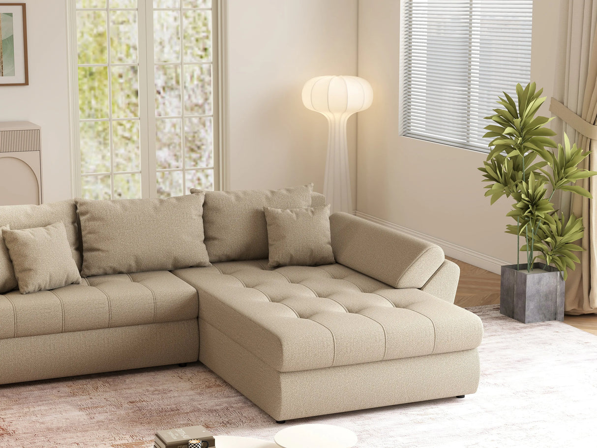 Colțar extensibil dumonde cu ladă de depozitare si sezut confortabil din spuma HR, Loana Camel II 270x185 cm Fabrica