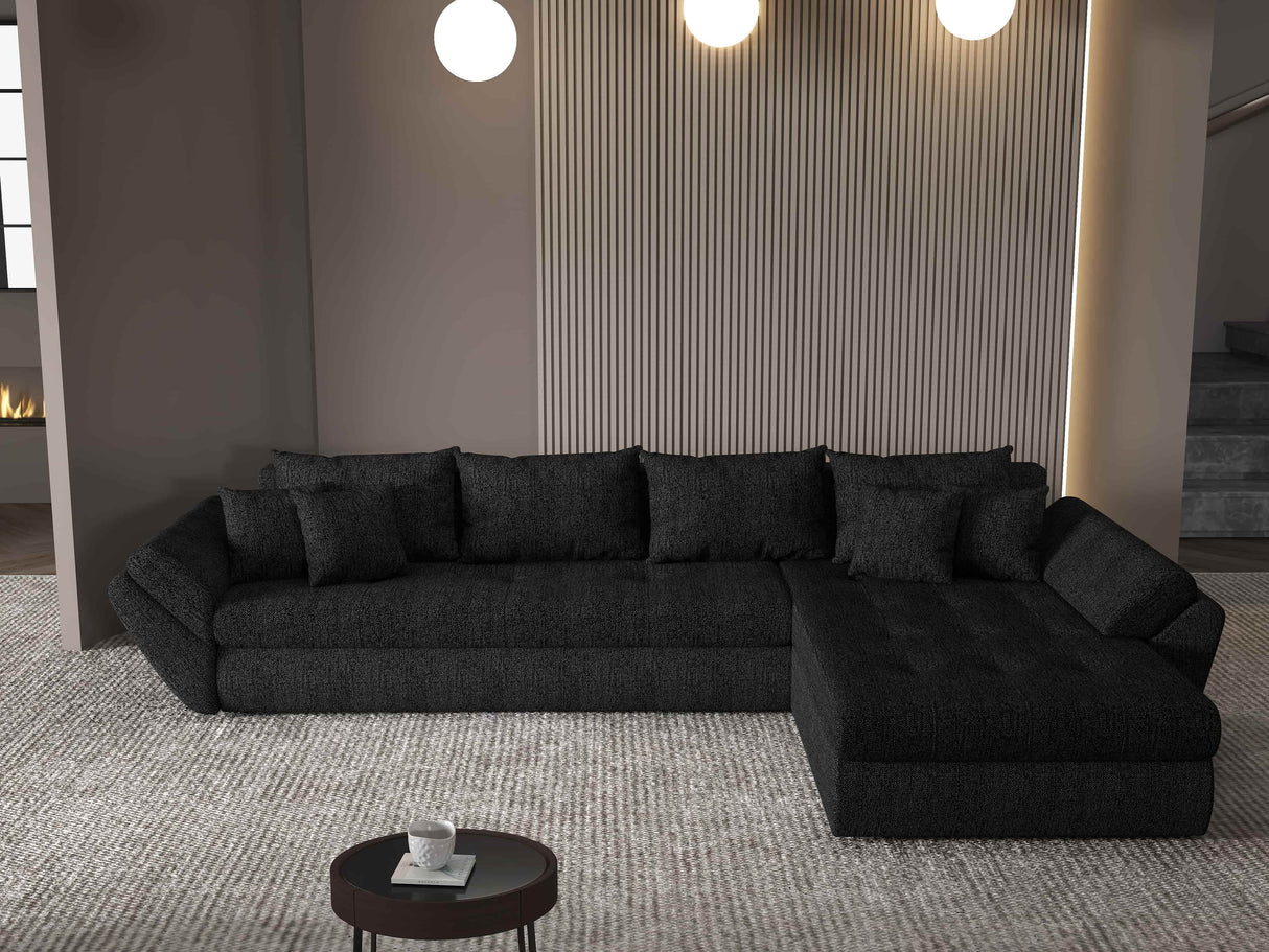 Colțar extensibil dumonde cu ladă de depozitare si sezut confortabil din spuma HR, Loana XL Enjoy Negru II 335x185 cm Fabrica