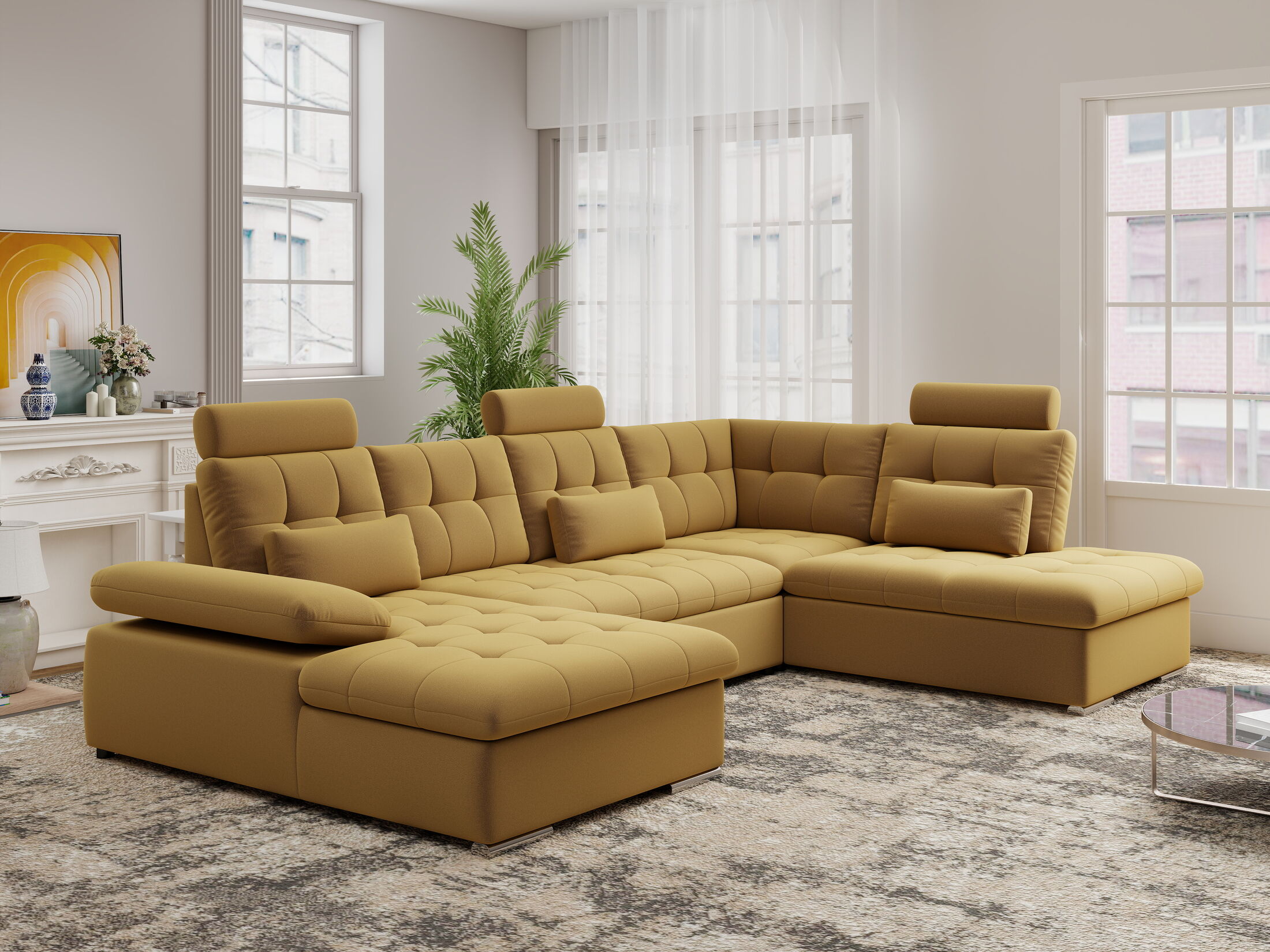 Colțar extensibil dumonde cu ladă de depozitare și șezut confortabil din spumă HR, Merkur U Royal Mustar 324x218 cm