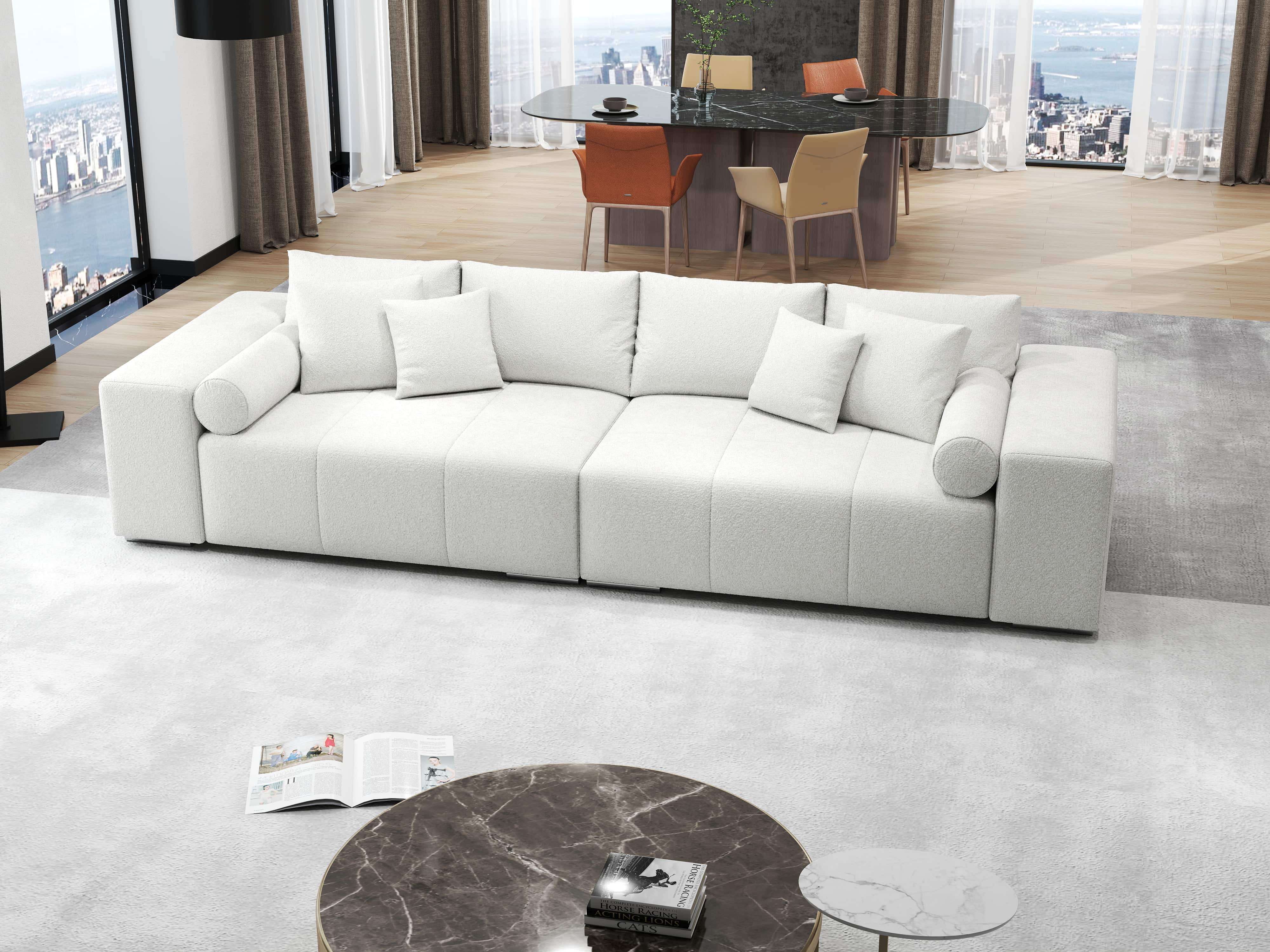 Canapea extensibilă dumonde cu ladă de depozitare si sezut confortabil din spuma HR, Marbela Euphoria Alb XXL 295x100 cm fabrica