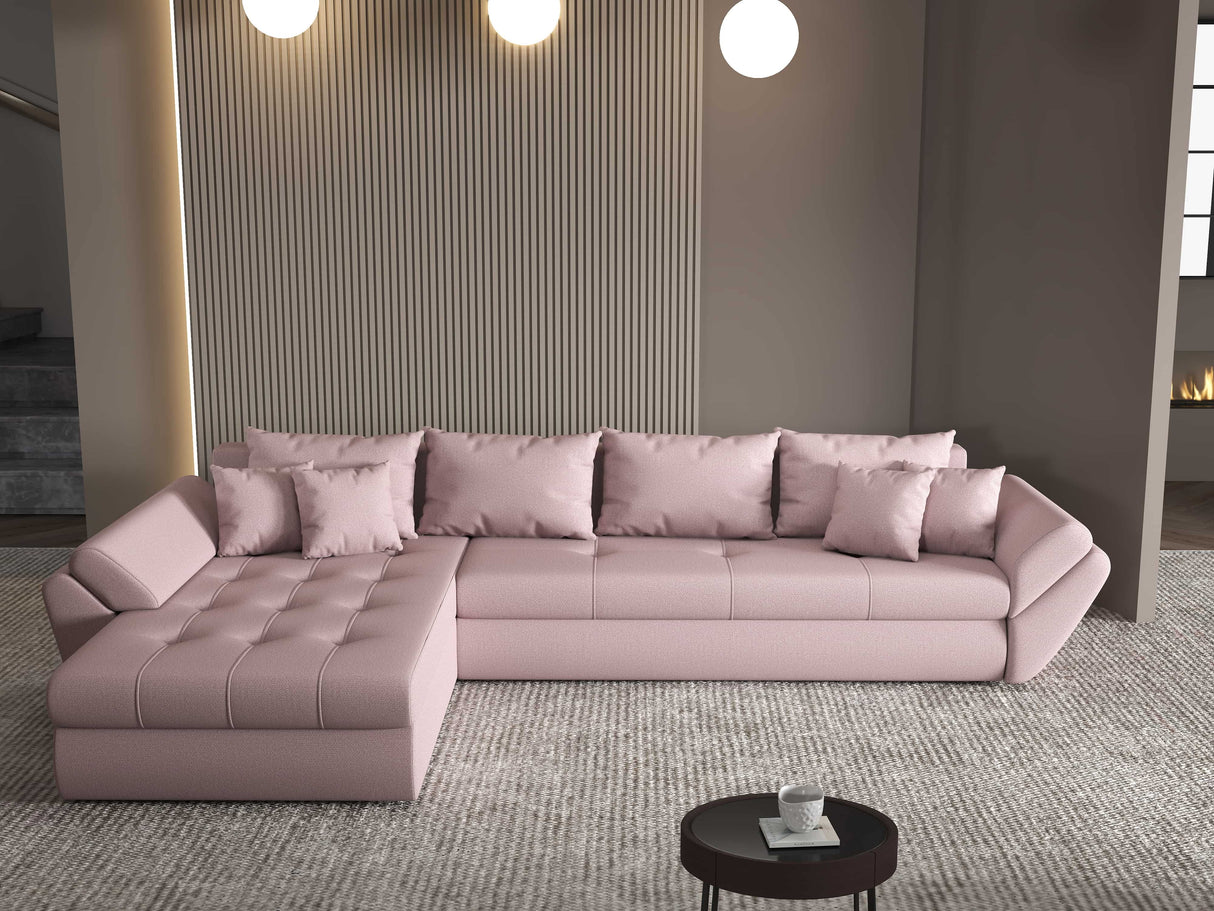Colțar extensibil dumonde cu ladă de depozitare si sezut confortabil din spuma HR, Loana XL Enjoy Roz 335x185 cm Fabrica