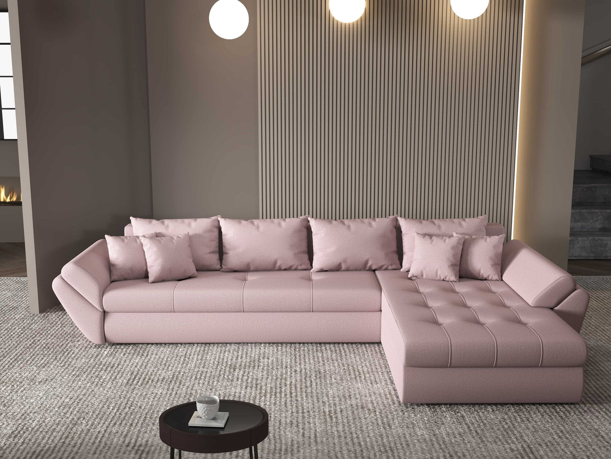 Colțar extensibil dumonde cu ladă de depozitare si sezut confortabil din spuma HR, Loana XL Enjoy Roz II 335x185 cm Fabrica