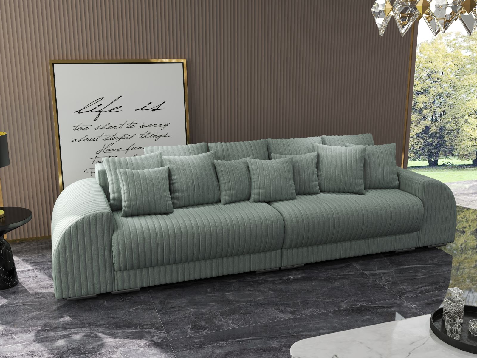 Canapea extensibilă dumonde cu 2 lăzi de depozitare si sezut confortabil din spuma HR, Verona Ambience Sage 310x100 cm Fabrica